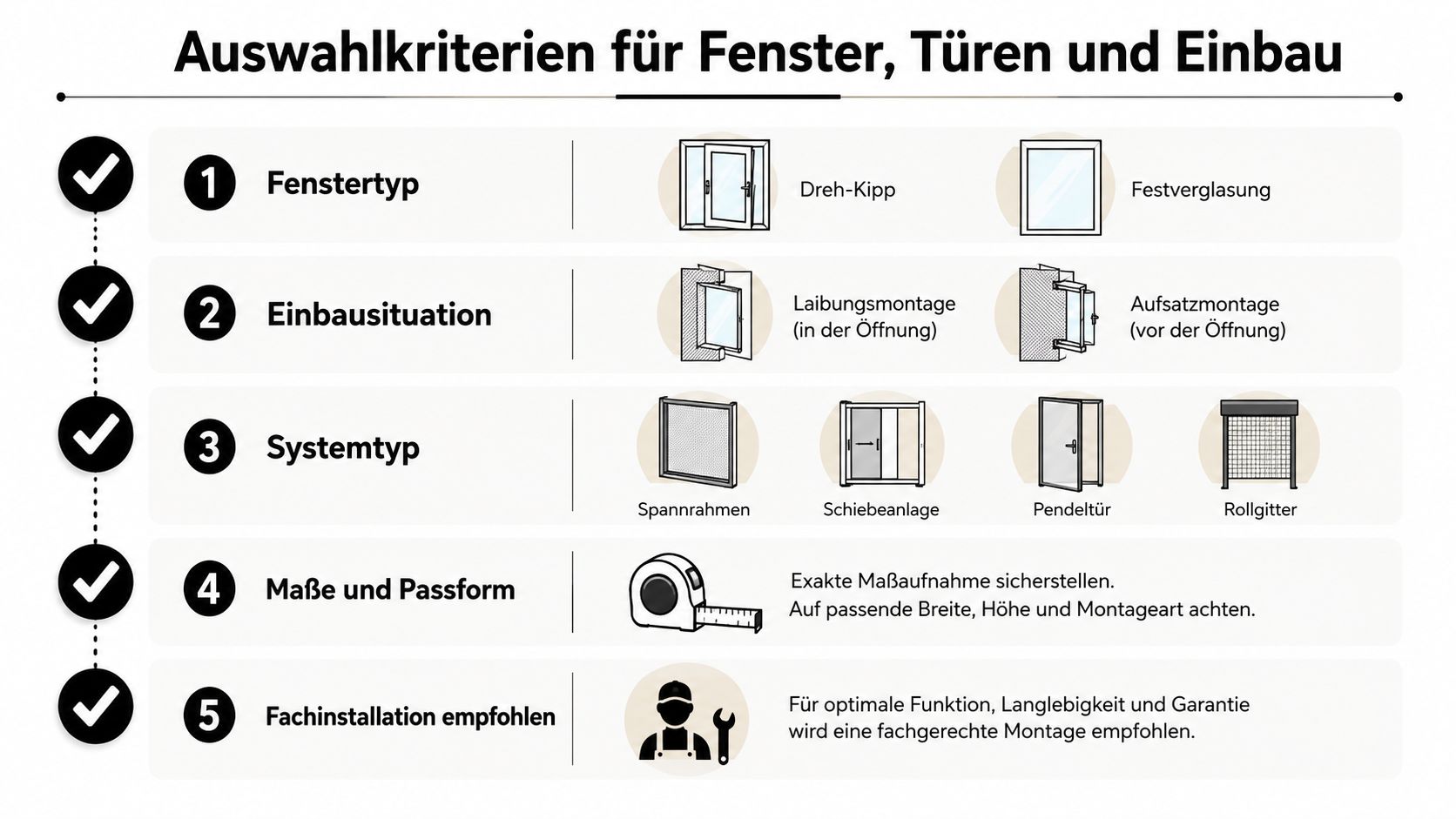 Eine Infografik zur Auswahl von Fliegengittern mit fünf Schritten für Fenster, Türen und die fachgerechte Montage.