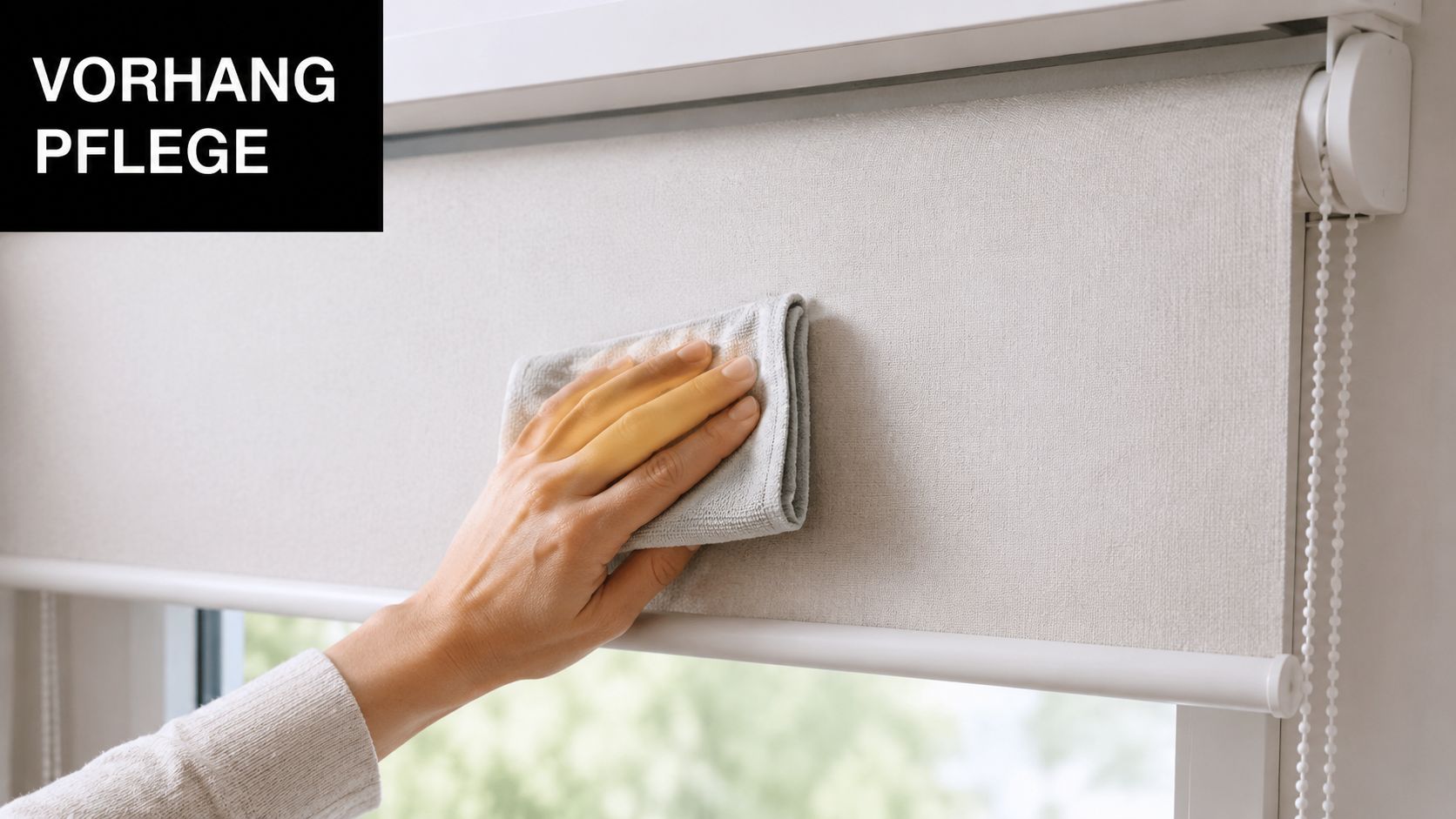 Eine Hand reinigt mit einem grauen Mikrofasertuch ein helles Rollo zur Pflege des Sonnenschutzes am Fenster.