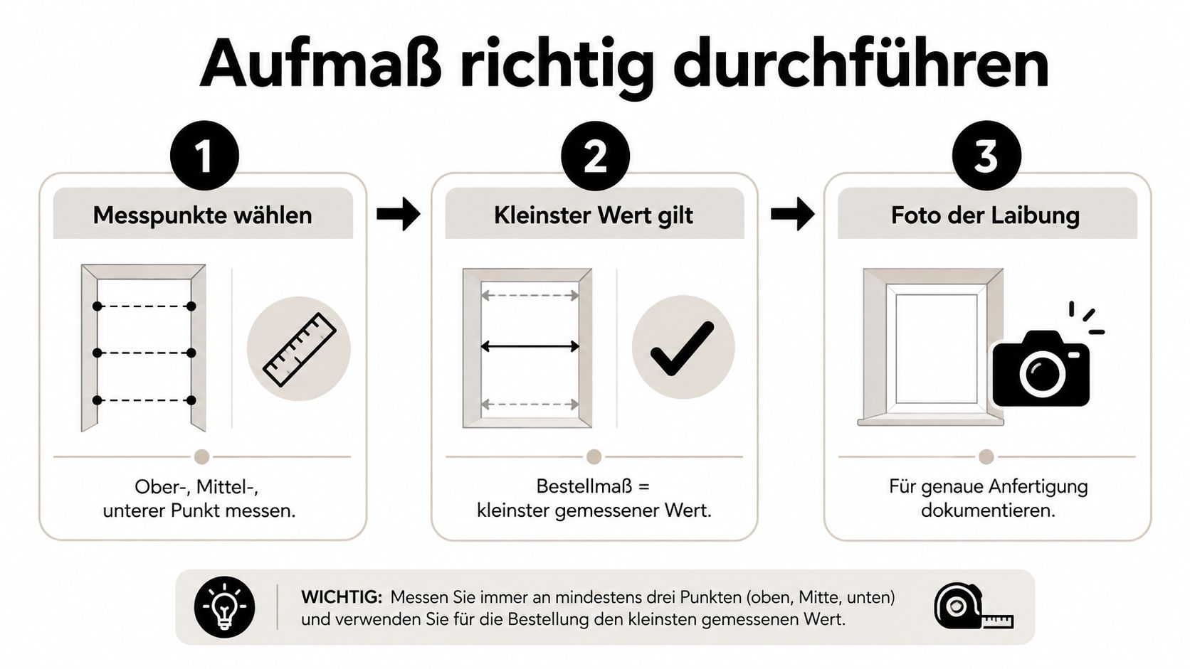 Eine Anleitung in drei Schritten zum korrekten Ausmessen einer Fensterlaibung für Fliegengitter und Rollos.