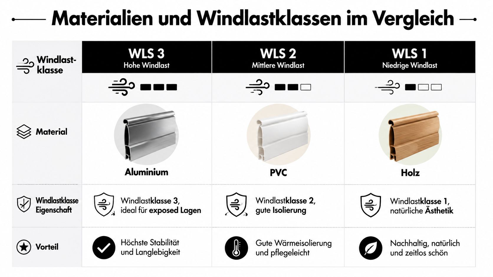 Vergleichstabelle für Sonnenschutz-Rollos: Materialien wie Aluminium, PVC und Holz in Bezug auf Windlastklassen dargestellt.