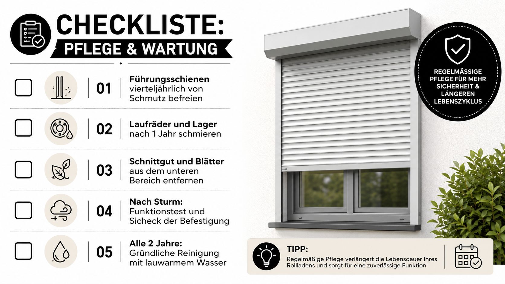 Eine Checkliste zur Pflege und Wartung von Außenrollläden mit fünf praktischen Tipps für eine längere Lebensdauer.