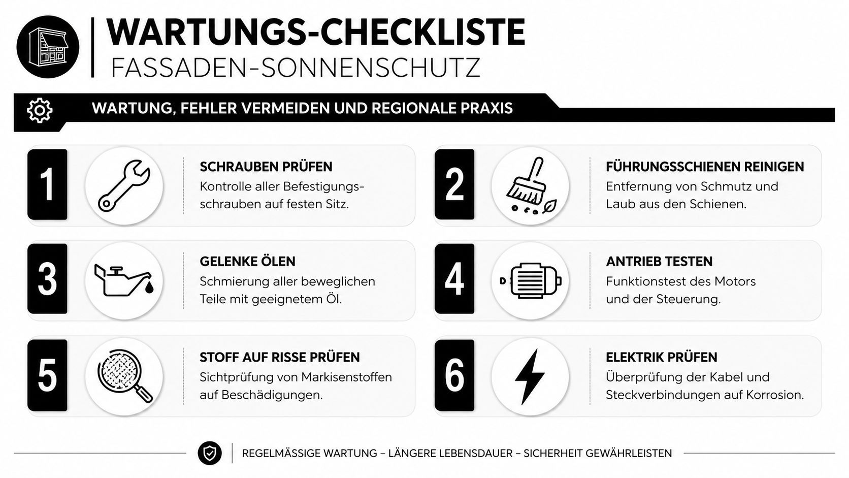 Eine Wartungs-Checkliste für Fassadensonnenschutz mit sechs wichtigen Schritten zur Pflege und Funktionsprüfung für eine längere Lebensdauer.