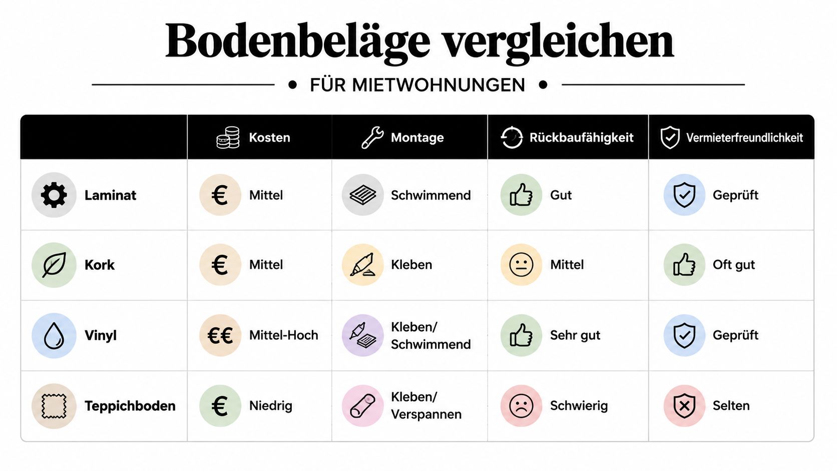 Vergleichstabelle für Bodenbeläge in Mietwohnungen mit Informationen zu Kosten, Montage, Rückbaufähigkeit und Vermieterfreundlichkeit für verschiedene Materialien.