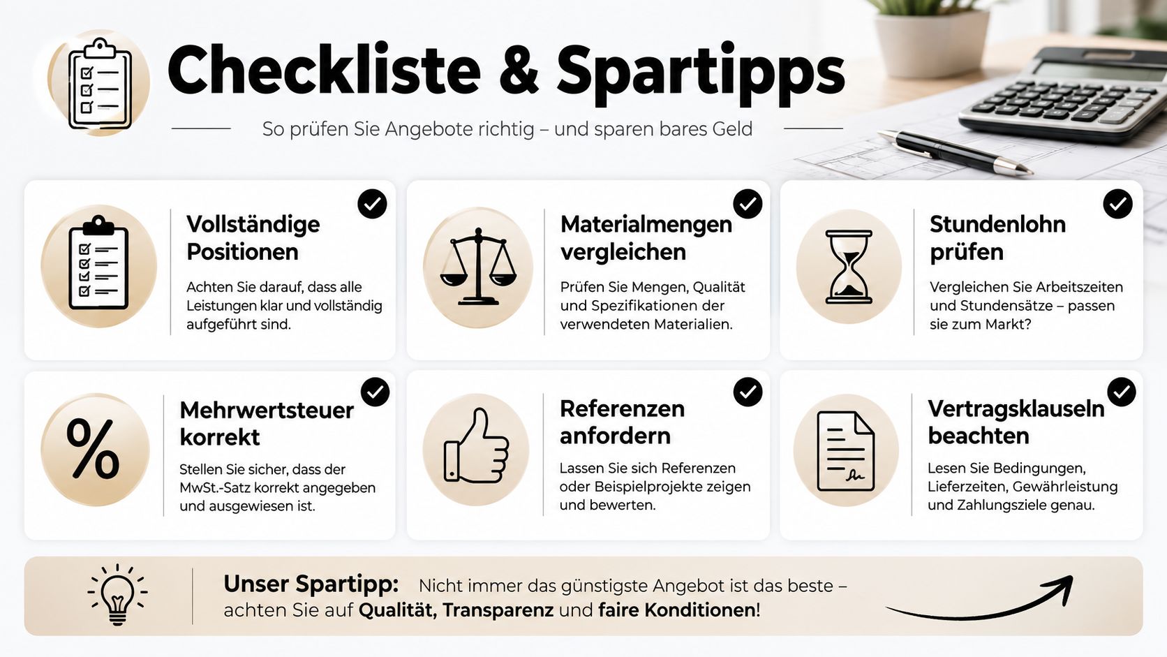 Eine Checkliste für den Vergleich von Handwerkerangeboten mit Tipps zum Sparen und zur Qualitätsprüfung.