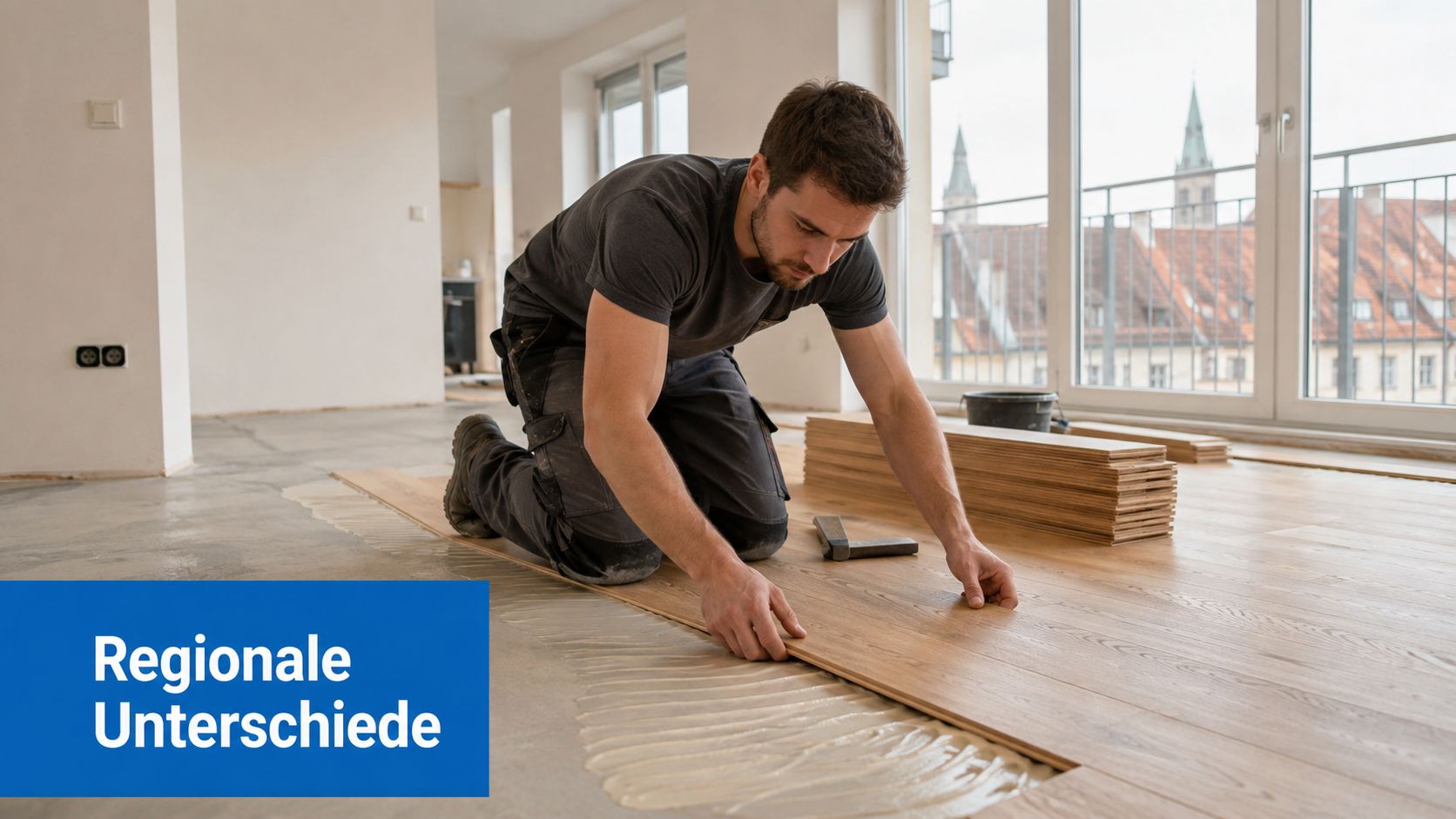 Ein Handwerker kniet auf dem Boden und verlegt einen neuen Parkettboden in einem hellen, modernen Raum.