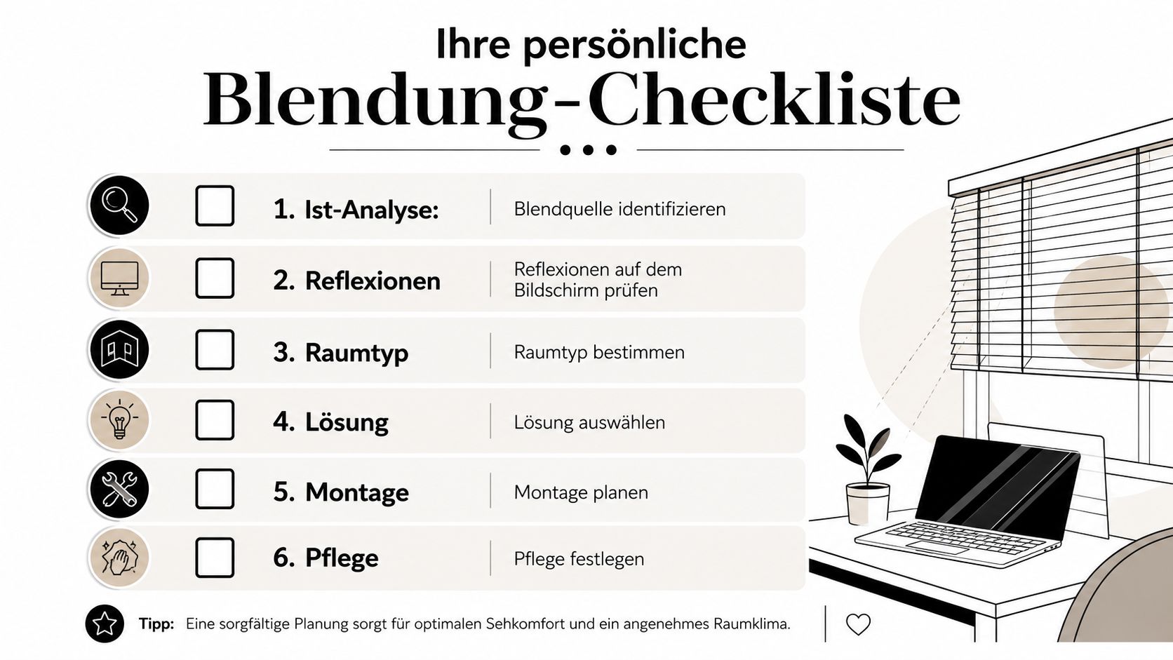 Eine strukturierte Checkliste zur Vermeidung von Blendung am Bildschirmarbeitsplatz mit sechs wichtigen Schritten von der Analyse bis zur Pflege.