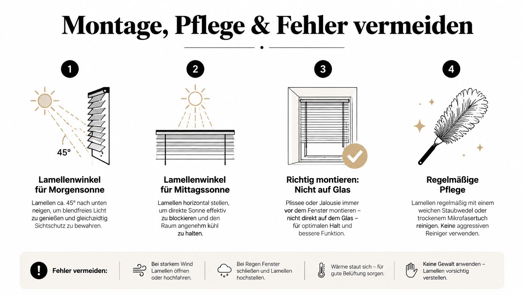 Infografik zur Montage, Pflege und korrekten Einstellung von Lamellenjalousien zur optimalen Lichtregulierung und zum Schutz vor Hitze.