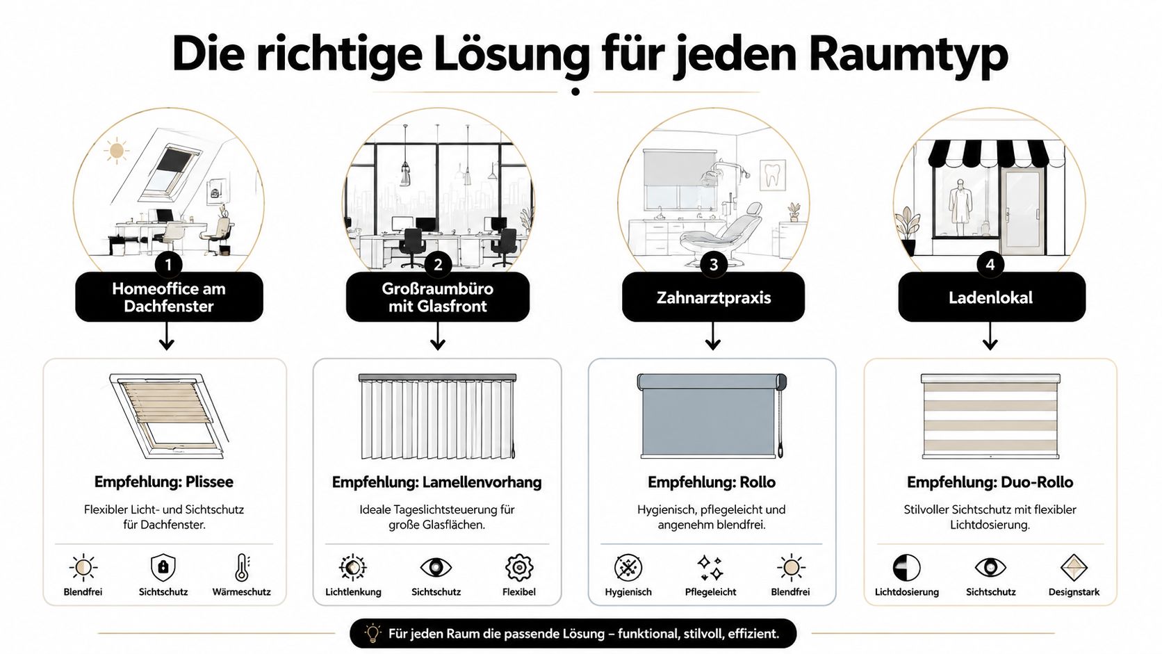 Übersicht verschiedener Sonnenschutzlösungen für unterschiedliche Raumtypen wie Homeoffice, Büro, Zahnarztpraxis und Ladengeschäft mit jeweiligen Produktempfehlungen.