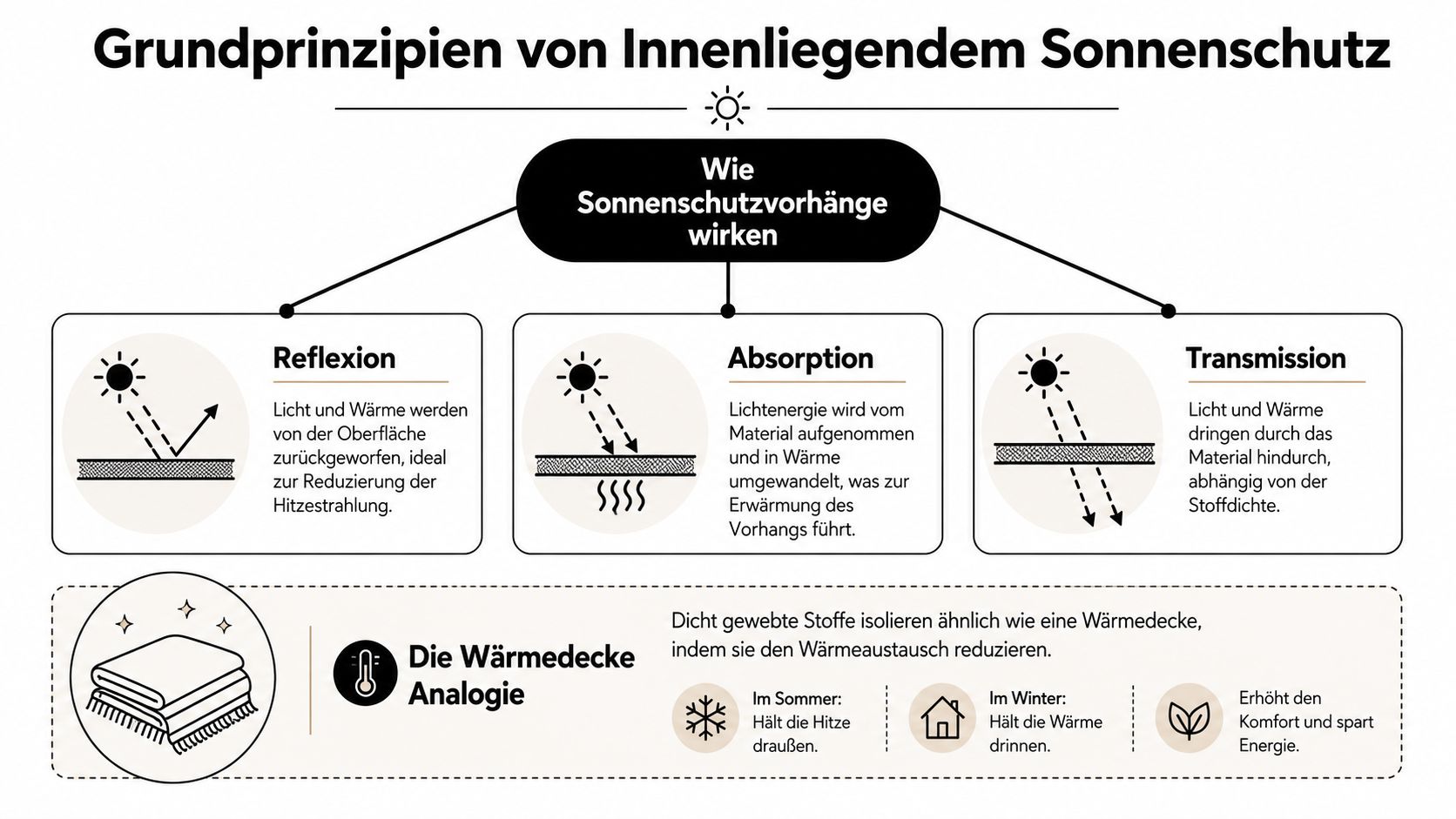 Eine Infografik, die die physikalischen Wirkungsweisen von innenliegendem Sonnenschutz durch Reflexion, Absorption und Transmission erklärt.