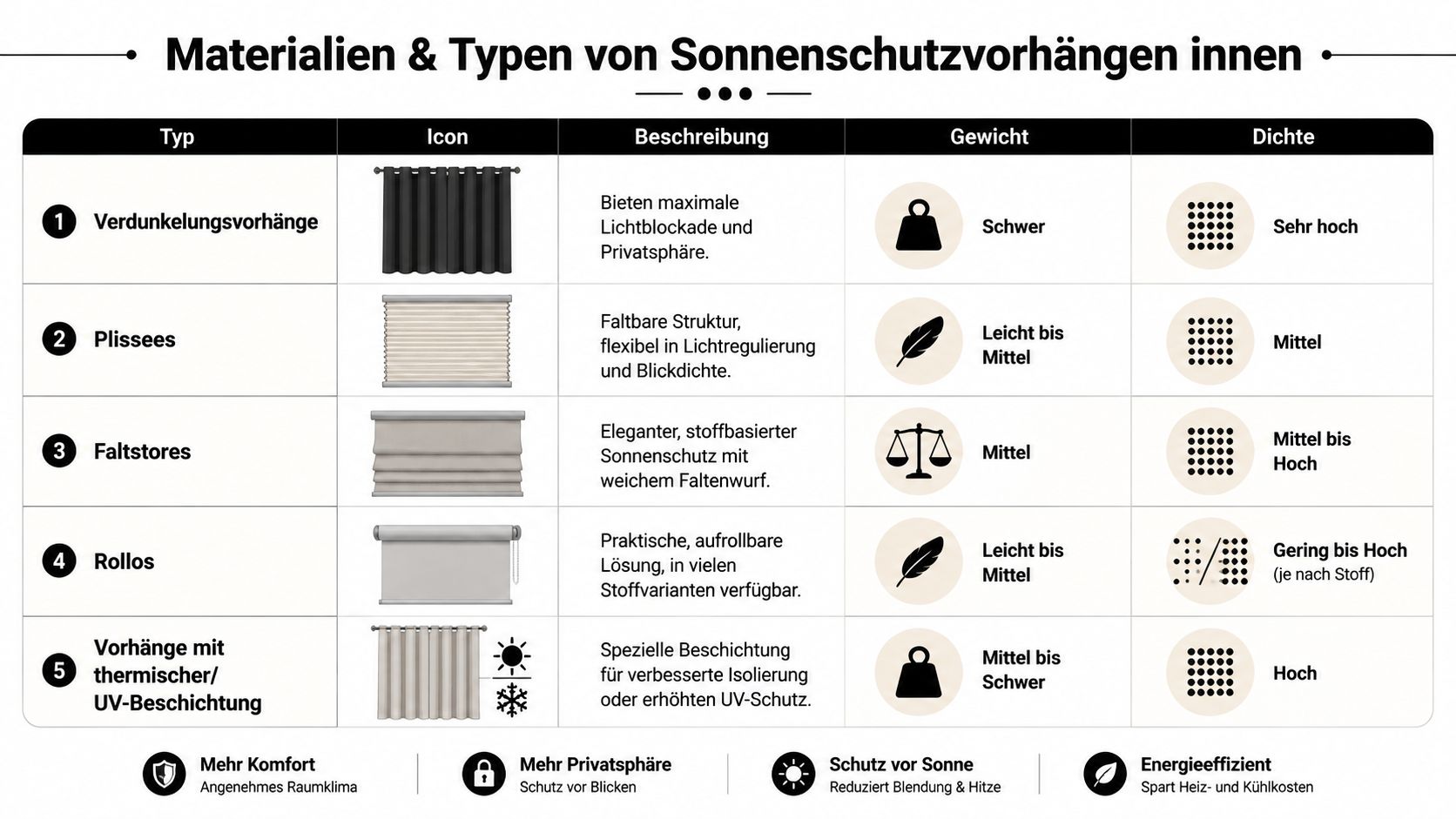 Eine Übersichtstabelle mit verschiedenen Typen von innenliegendem Sonnenschutz, inklusive Beschreibungen, Gewicht, Dichte und funktionalen Vorteilen.