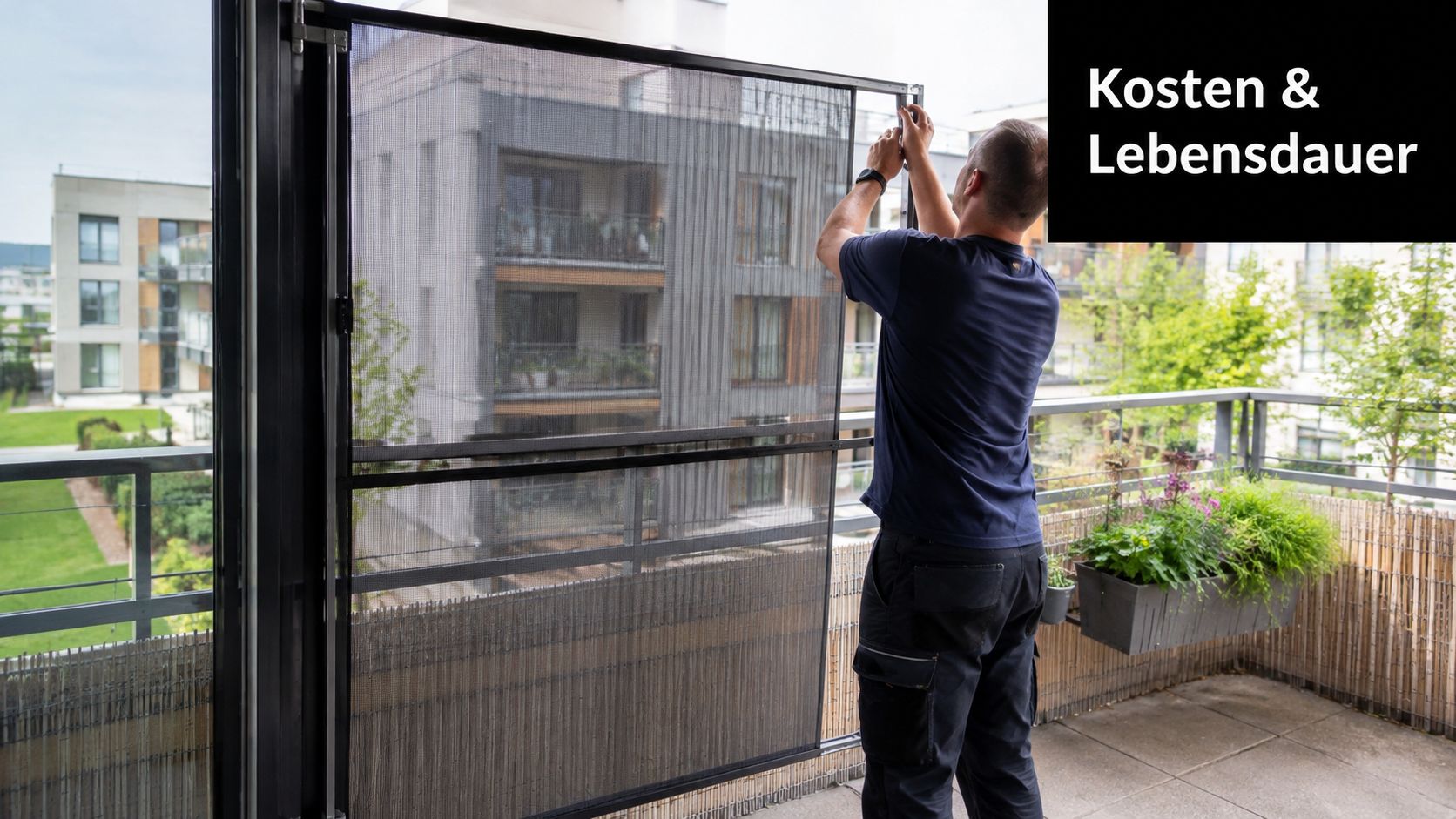 Ein Handwerker montiert ein Insektenschutzgitter an einem Balkon mit Blick auf moderne Wohngebäude im Hintergrund.