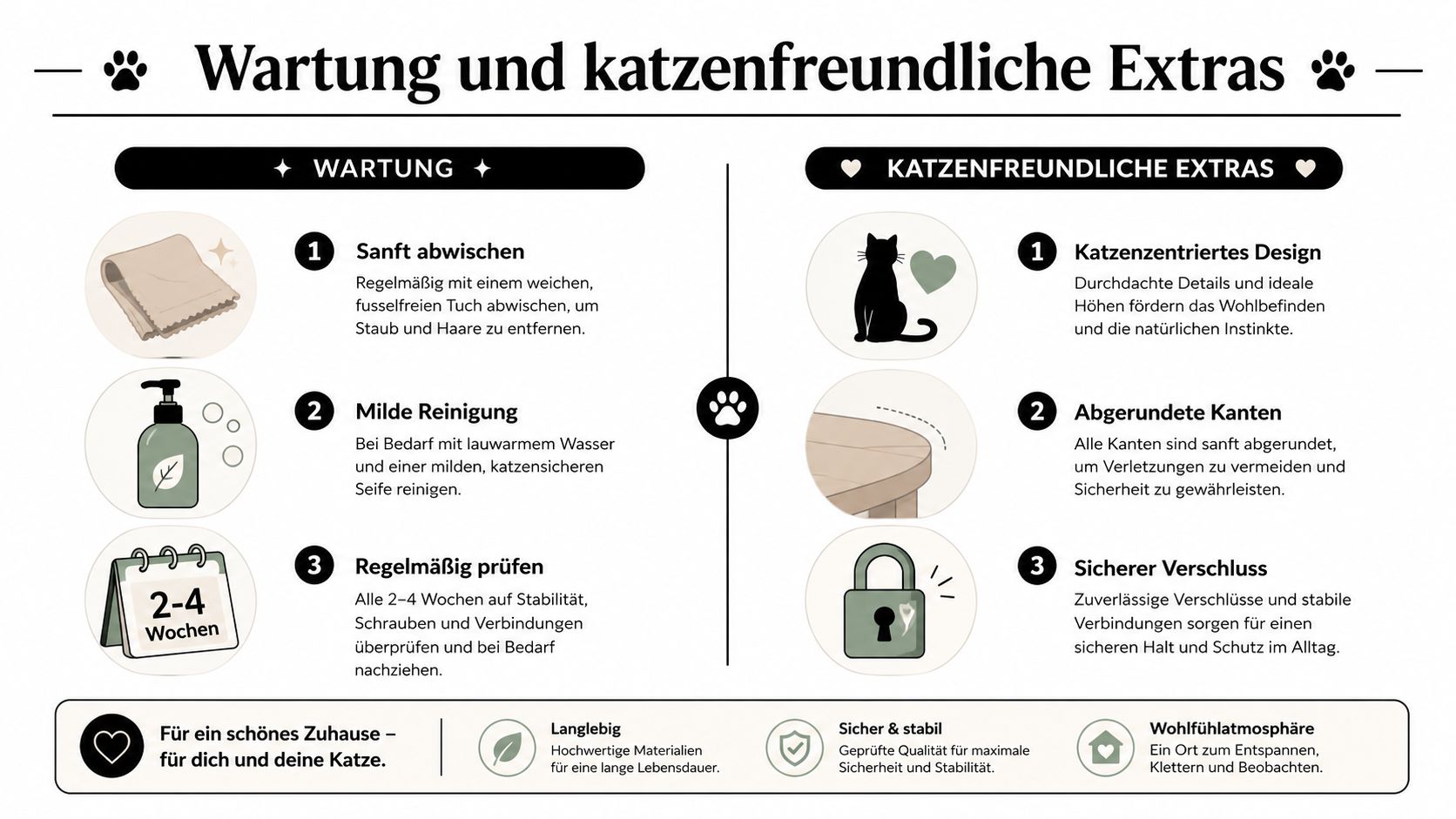 Eine Infografik mit Pflegehinweisen und katzenfreundlichen Designmerkmalen für ein sicheres und langlebiges Katzenmöbelstück.