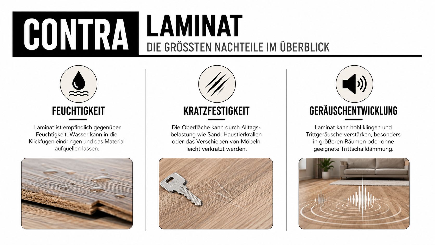 Eine Infografik über die Nachteile von Laminatböden wie Feuchtigkeitsempfindlichkeit, Kratzfestigkeit und Geräuschentwicklung im Haushalt.