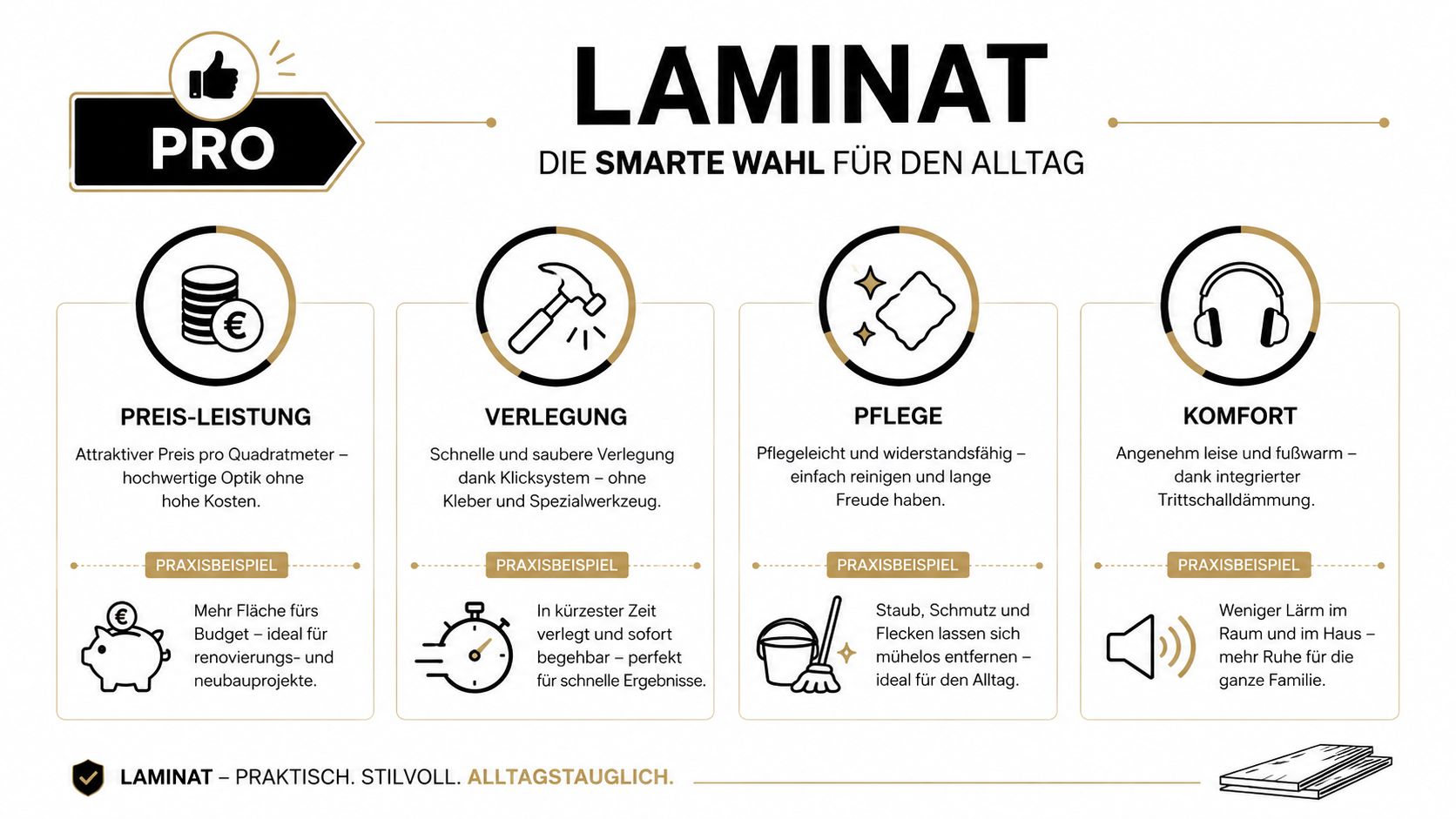 Infografik zeigt die Vorteile von Laminat, inklusive Preis-Leistung, Verlegung, Pflege und Komfort für das eigene Zuhause.