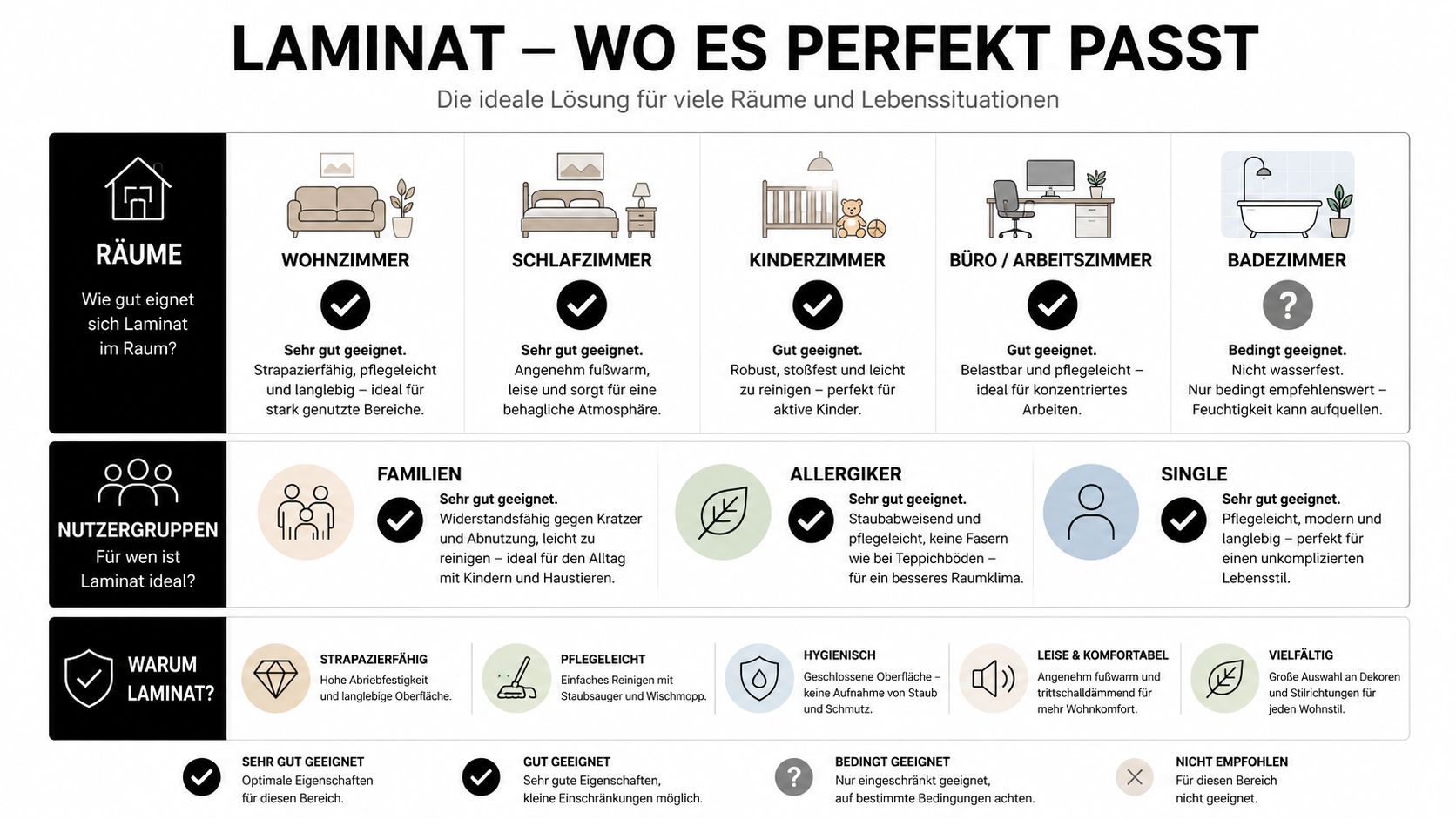 Übersichtsgrafik zur Eignung von Laminat für verschiedene Räume, Nutzergruppen sowie die allgemeinen Vorteile von Laminatböden.