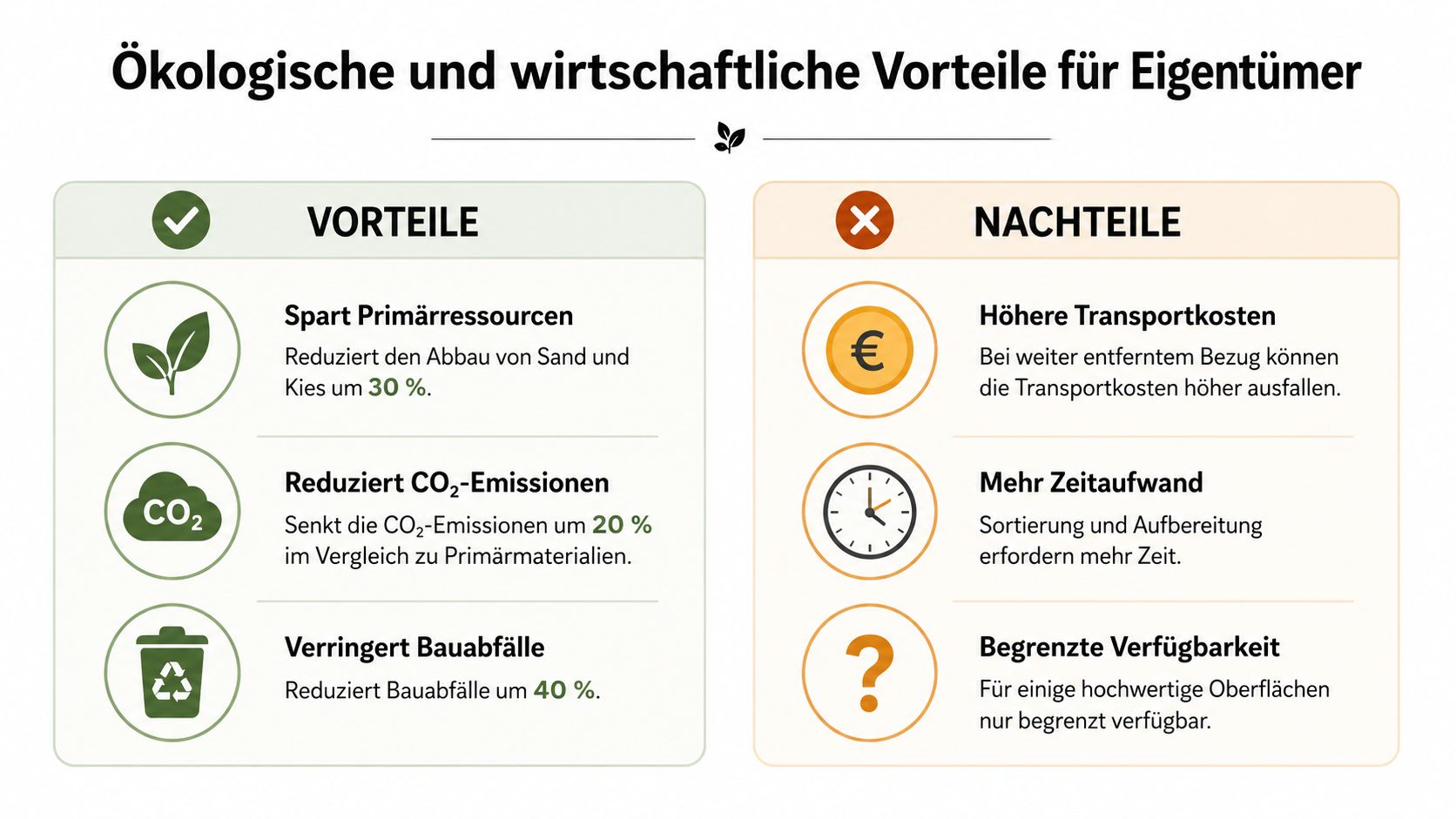 Eine Infografik, die ökologische und wirtschaftliche Vor- sowie Nachteile der Verwendung von Recycling-Baustoffen gegenüberstellt.
