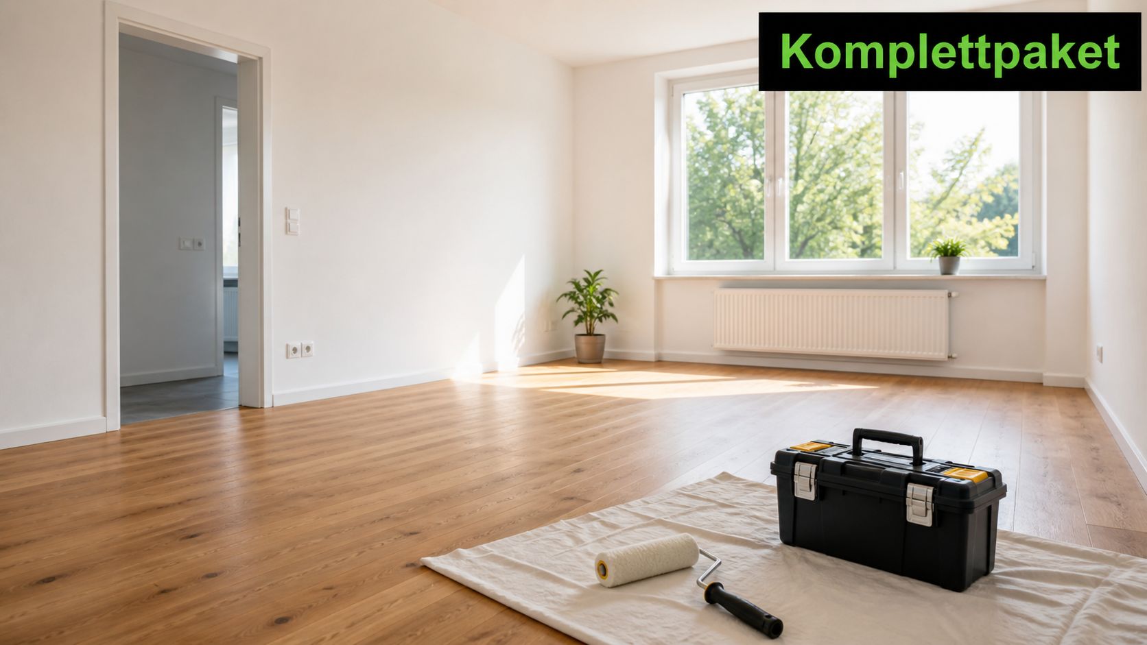 Ein renovierter, heller Raum mit hellem Holzboden, einem Werkzeugkoffer und einer Farbrolle auf einem Tuch.