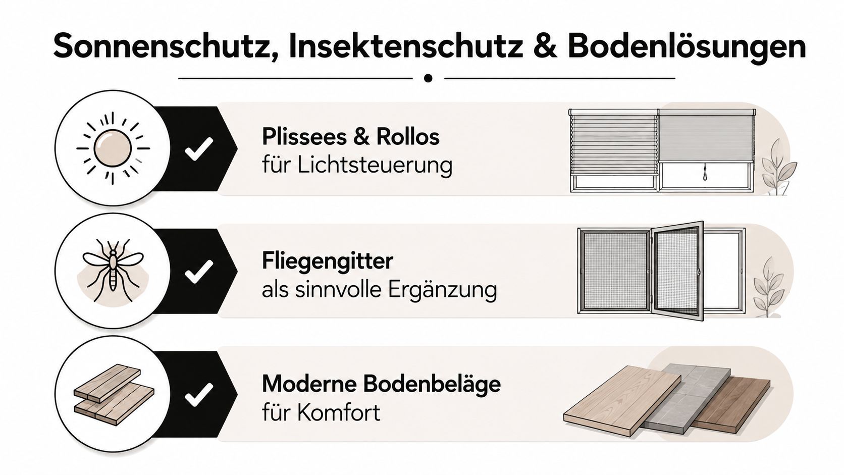 Übersicht über Sonnenschutz, Insektenschutz und moderne Bodenbeläge für ein komfortables Zuhause, grafisch übersichtlich dargestellt.