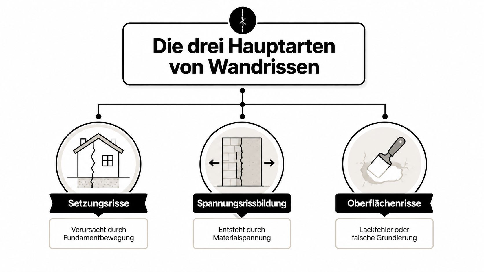 Eine Infografik, die drei Hauptarten von Wandrissen zeigt: Setzungsrisse, Spannungsrissbildung und Oberflächenrisse mit erklärenden Beschreibungen.