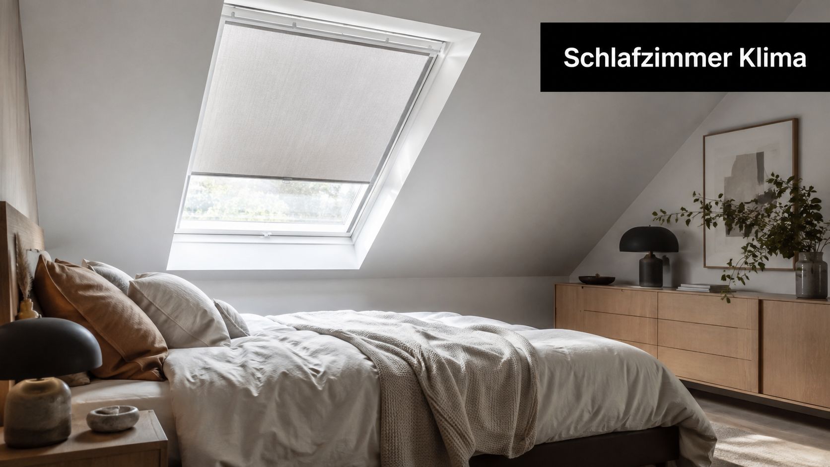 Ein helles, gemütliches Schlafzimmer unter einem Dach mit einem modernen Fenster und installiertem Sonnenschutzrollo für ein angenehmes Raumklima.