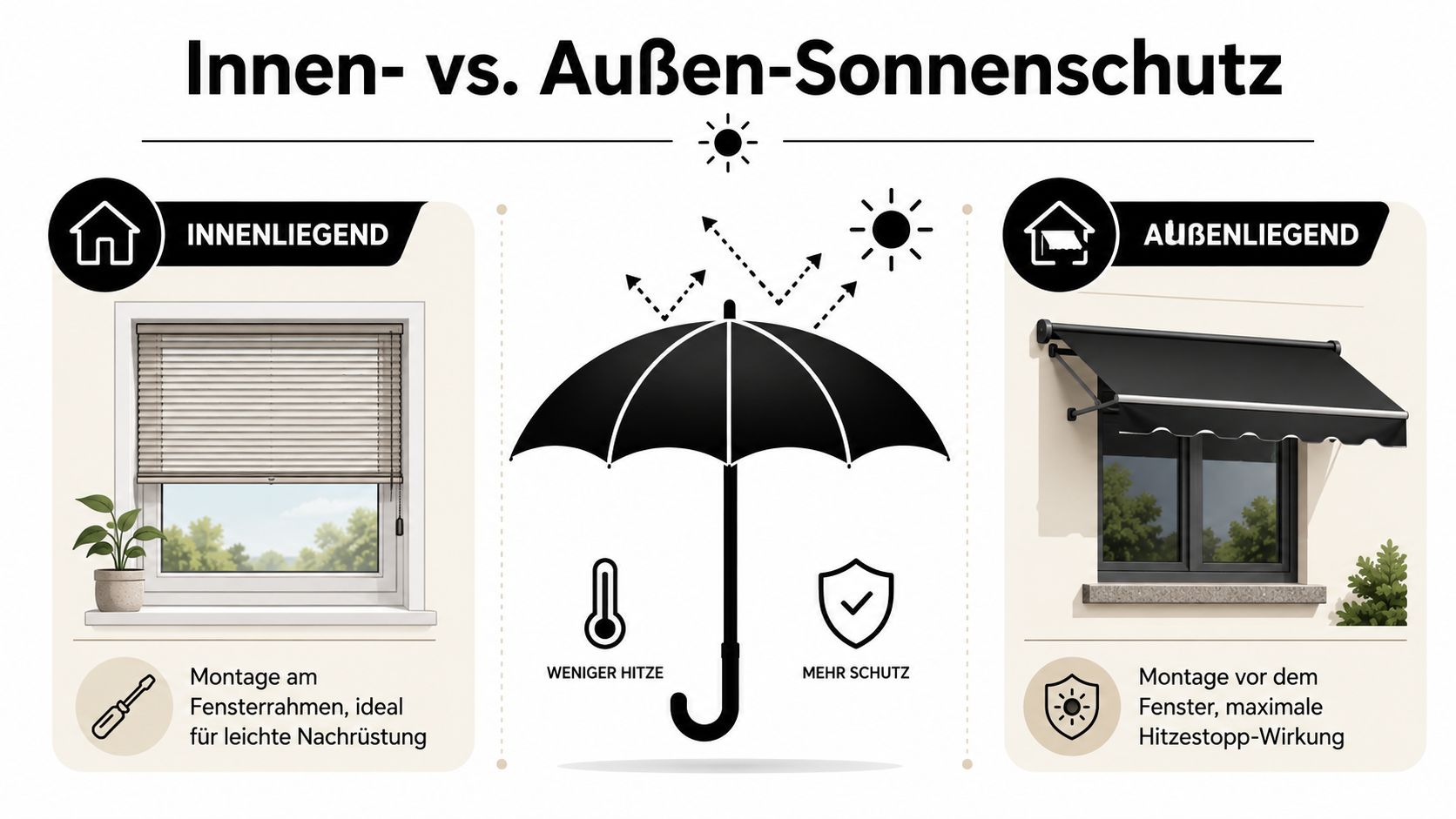 Vergleichsgrafik zwischen innenliegendem Sonnenschutz am Fensterrahmen und außenliegender Markise zur effektiven Hitzereduzierung im Innenbereich.