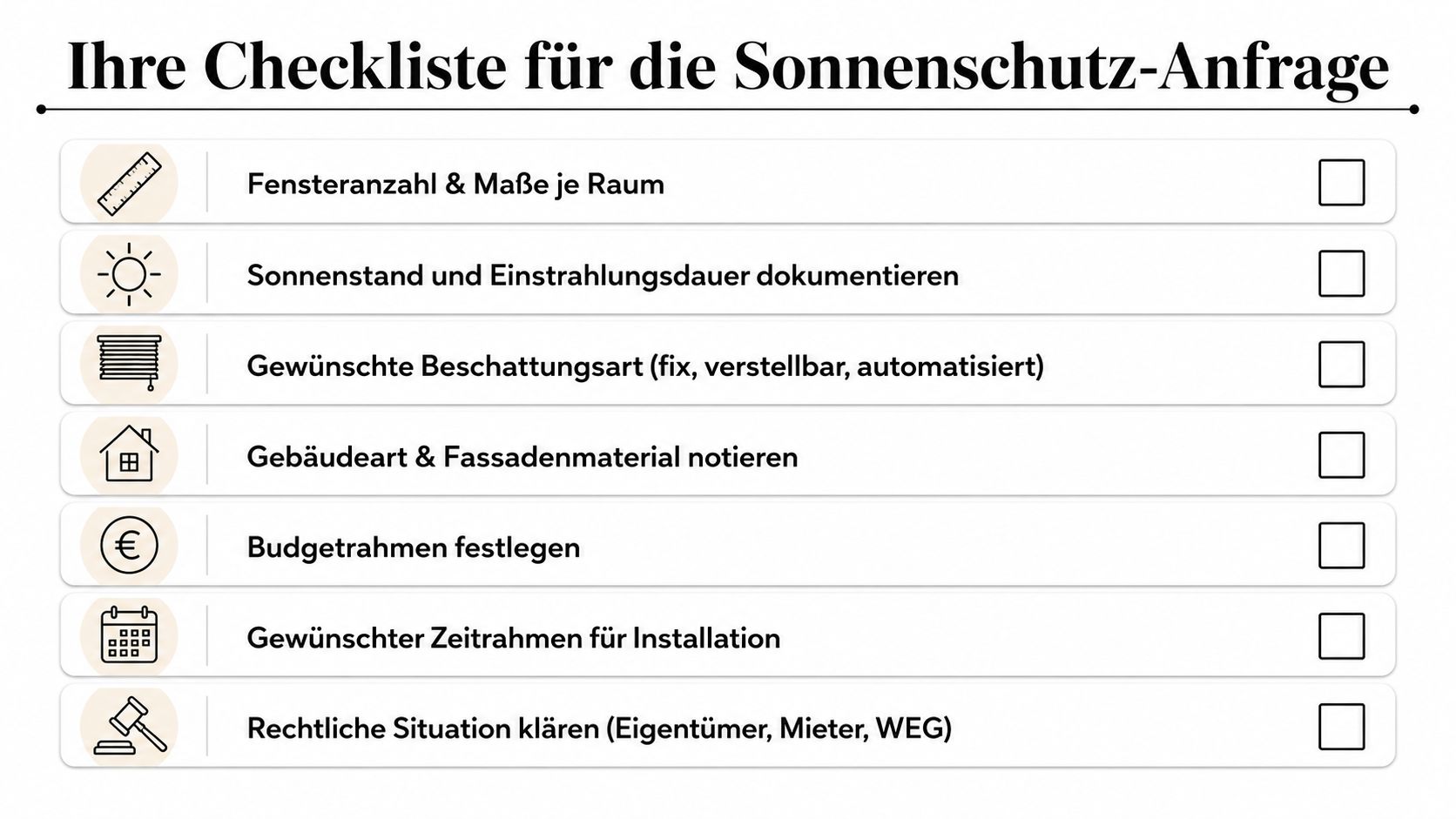 Eine Checkliste in deutscher Sprache für die Planung und Anfrage von Sonnenschutzlösungen am Haus oder in der Wohnung.