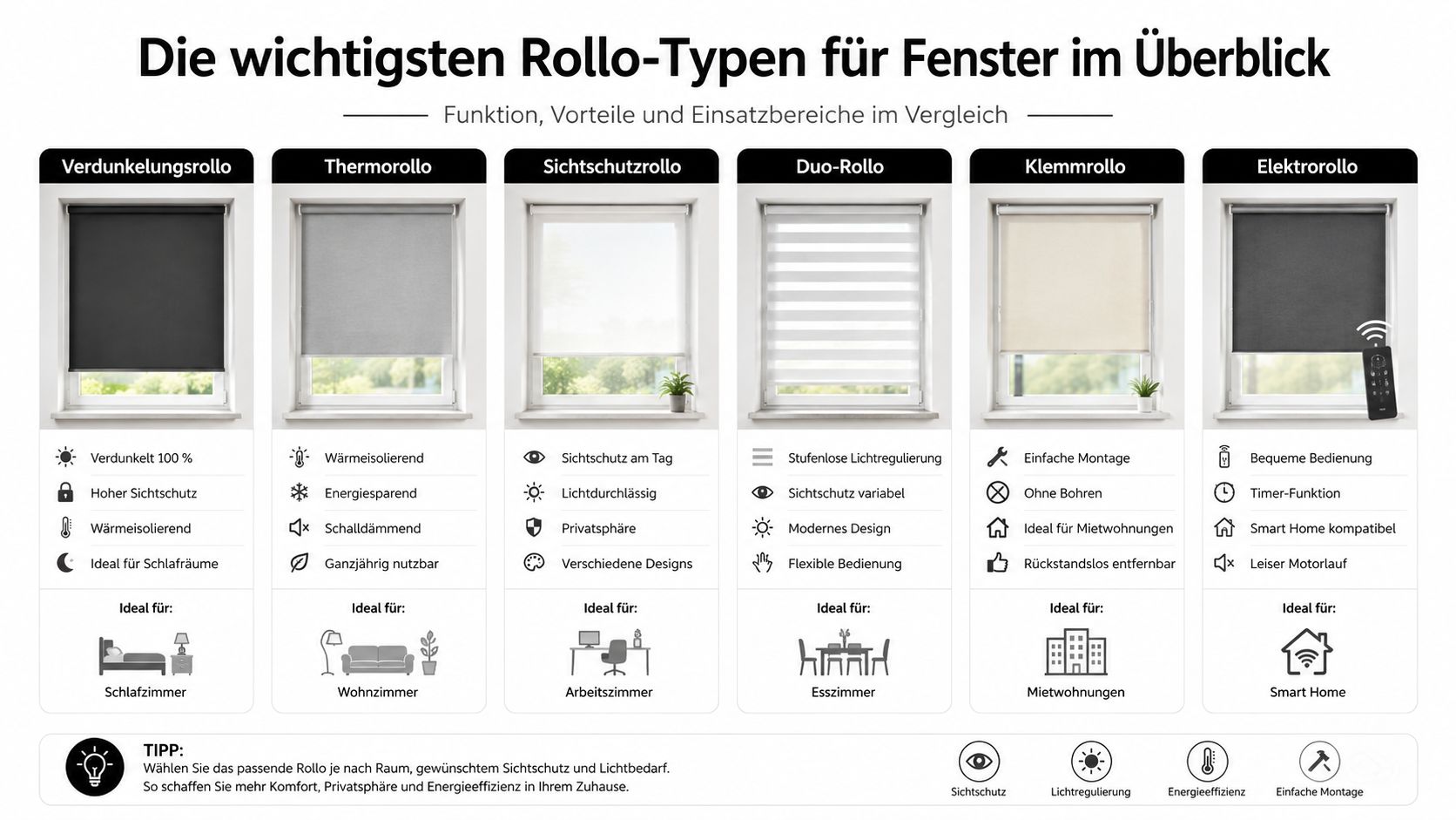 Eine Übersicht der wichtigsten Rollo-Typen für Fenster mit Funktionen, Vorteilen und Einsatzbereichen für verschiedene Wohnräume.