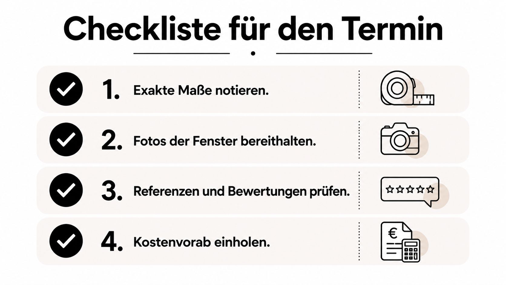 Eine Checkliste für einen Termin mit vier Punkten zur Vorbereitung auf den Kauf von Fliegengittern.