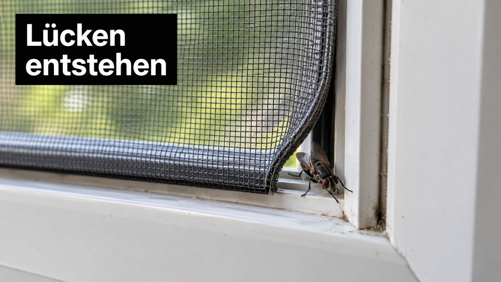 Eine Fliege kriecht durch eine Lücke zwischen dem Fensterrahmen und einem schlecht installierten Insektenschutzgitter aus Fiberglasgewebe.