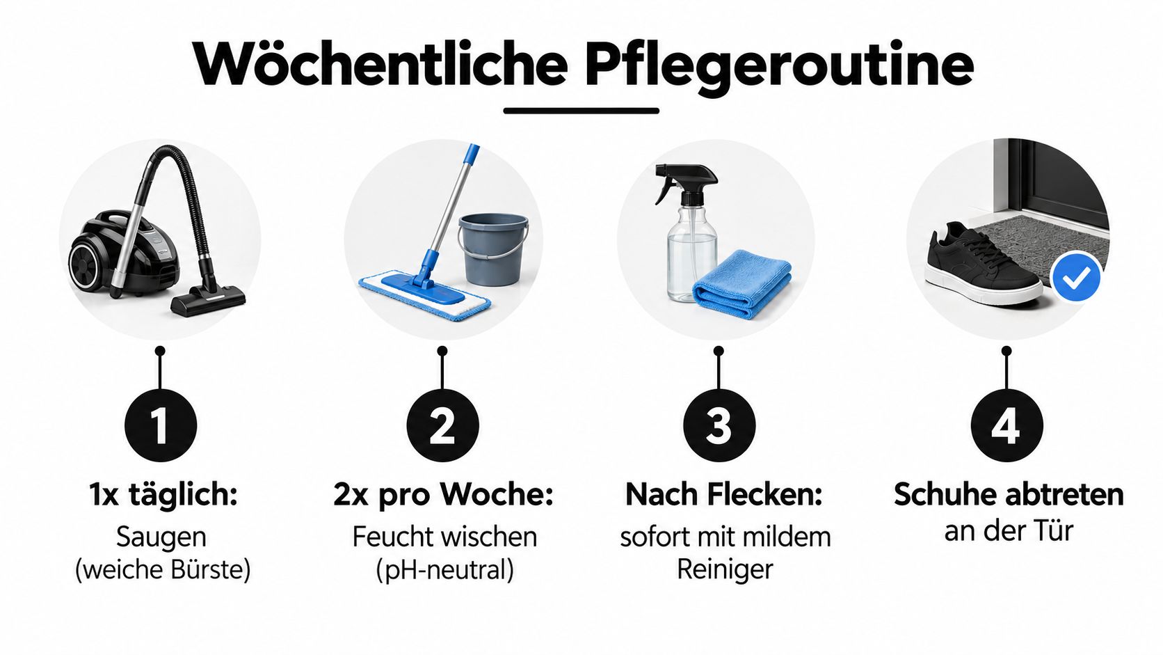 Eine Infografik zur wöchentlichen Pflegeroutine für Bodenbeläge mit vier Schritten vom Saugen bis zum Abstellen der Schuhe.