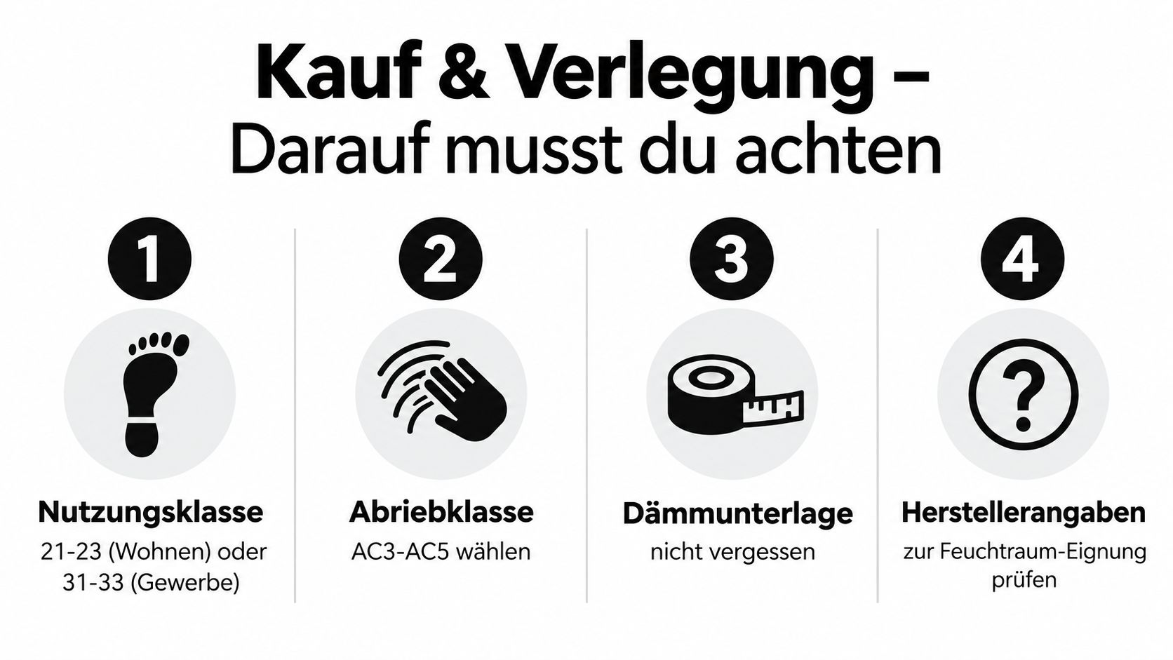 Infografik mit vier wichtigen Tipps für den Kauf und die fachgerechte Verlegung von neuem Bodenbelag.
