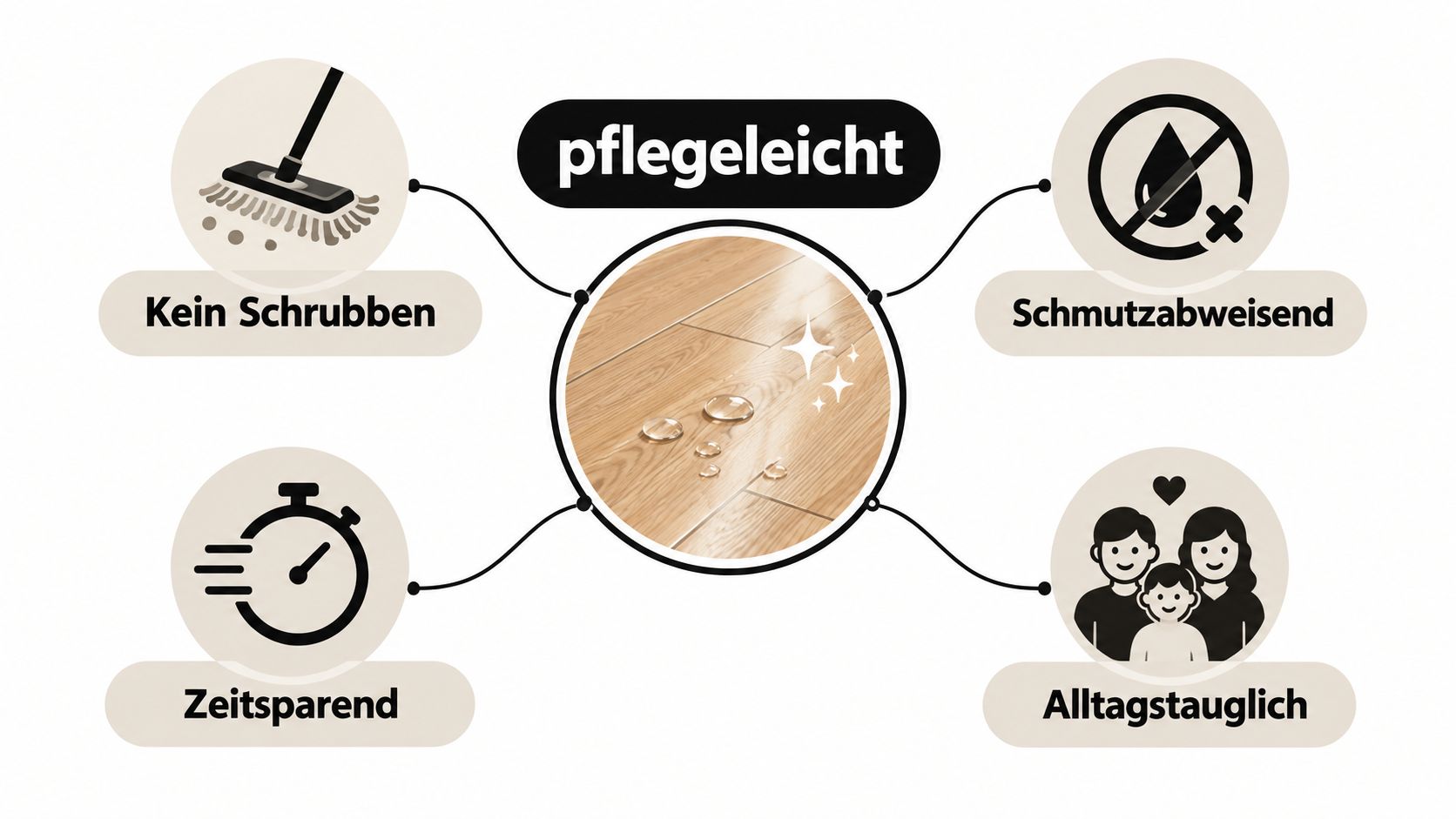 Eine Infografik über pflegeleichten Bodenbelag mit Symbolen für einfaches Reinigen, Schmutzabweisung, Zeitersparnis und Alltagstauglichkeit.