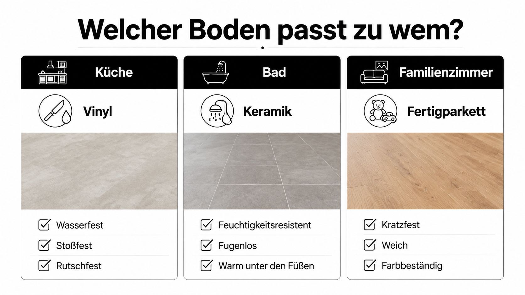 Eine Übersichtsgrafik, die empfohlene Bodenbeläge wie Vinyl, Keramik und Fertigparkett für verschiedene Wohnräume wie Küche, Bad und Wohnzimmer zeigt.