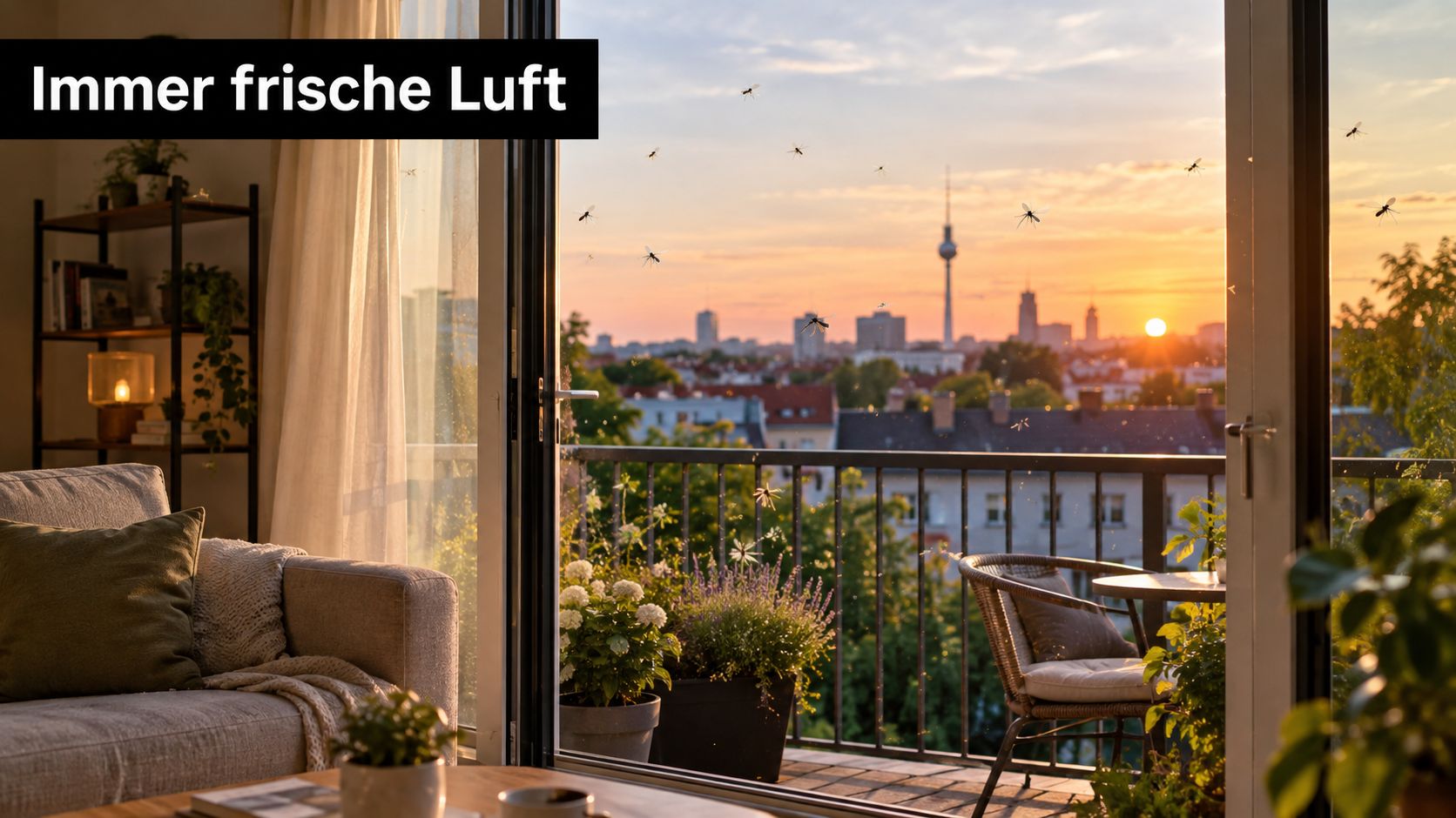 Ein gemütliches Wohnzimmer mit Blick auf den Berliner Fernseher bei Sonnenuntergang, während Mücken vor der Balkontür fliegen.