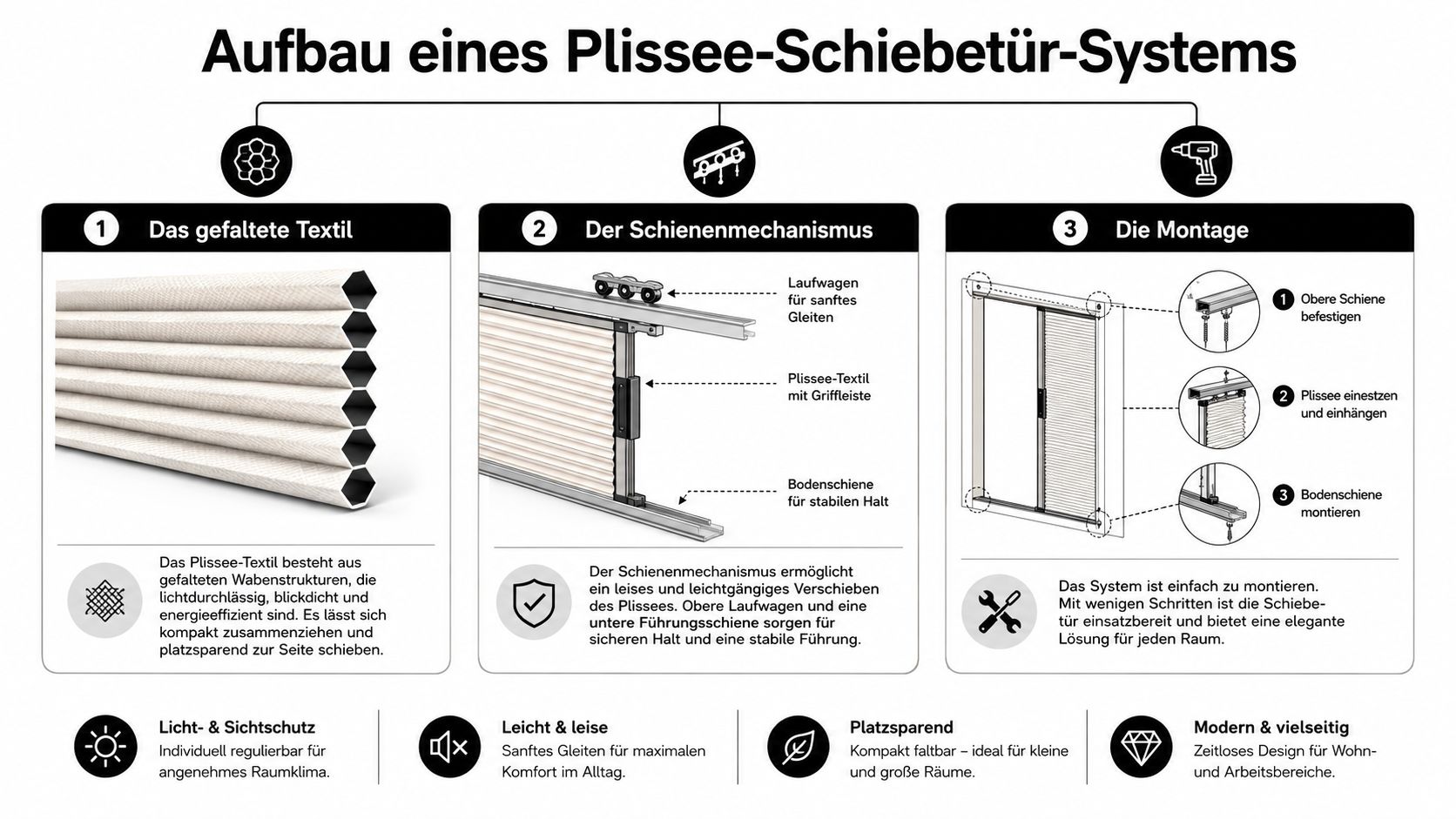 Eine informative Infografik zum Aufbau eines Plissee-Schiebetür-Systems mit drei Schritten zur Technik und Montageanleitung.