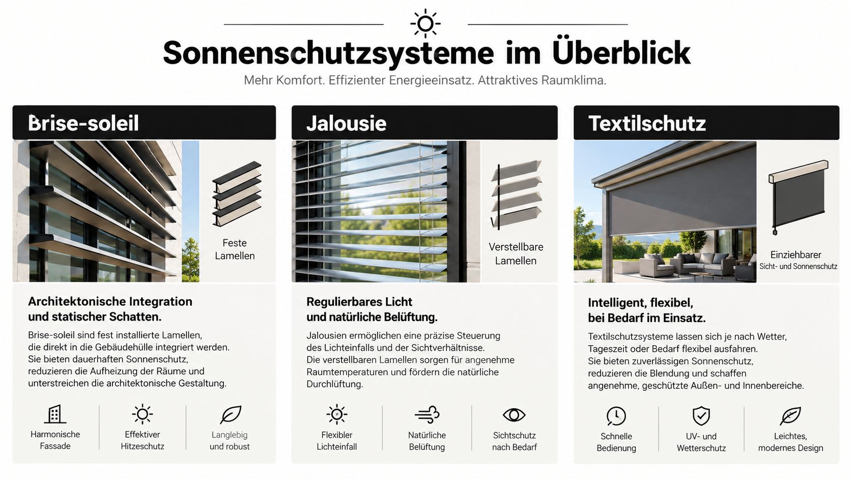 Eine Übersicht über moderne Sonnenschutzsysteme wie Brise-Soleil, Jalousien und Textilschutz für eine effiziente Gebäudetemperierung und Architektur.