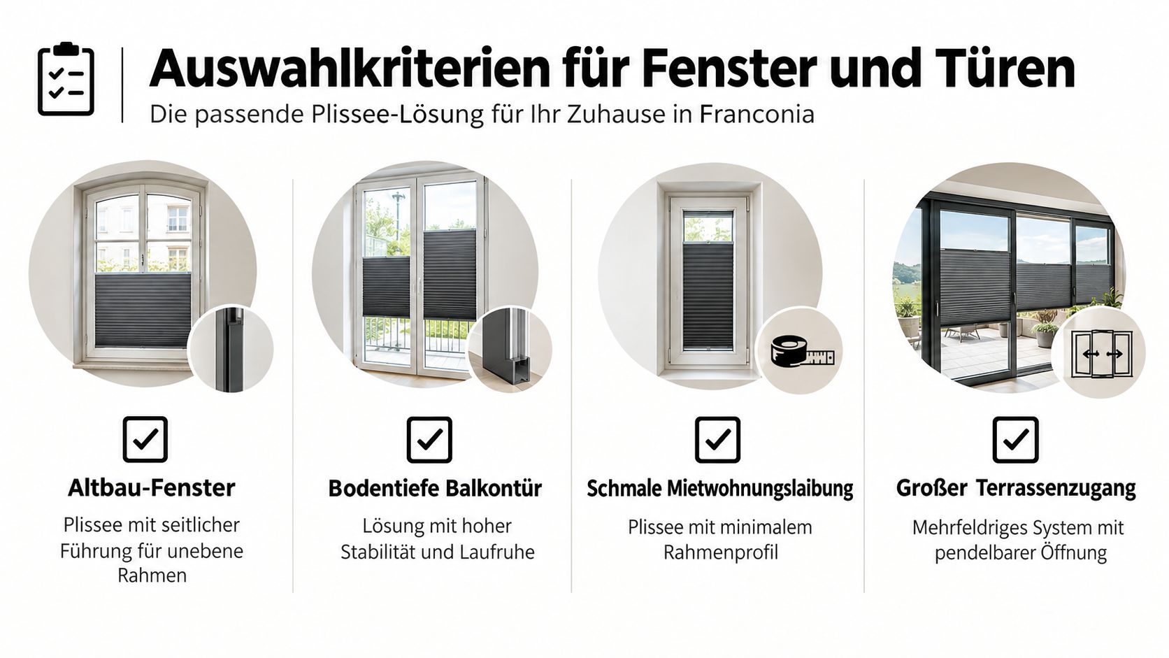 Übersicht zu Auswahlkriterien für Plissees an verschiedenen Fenstertypen und Türen für Ihr Zuhause in Franken.