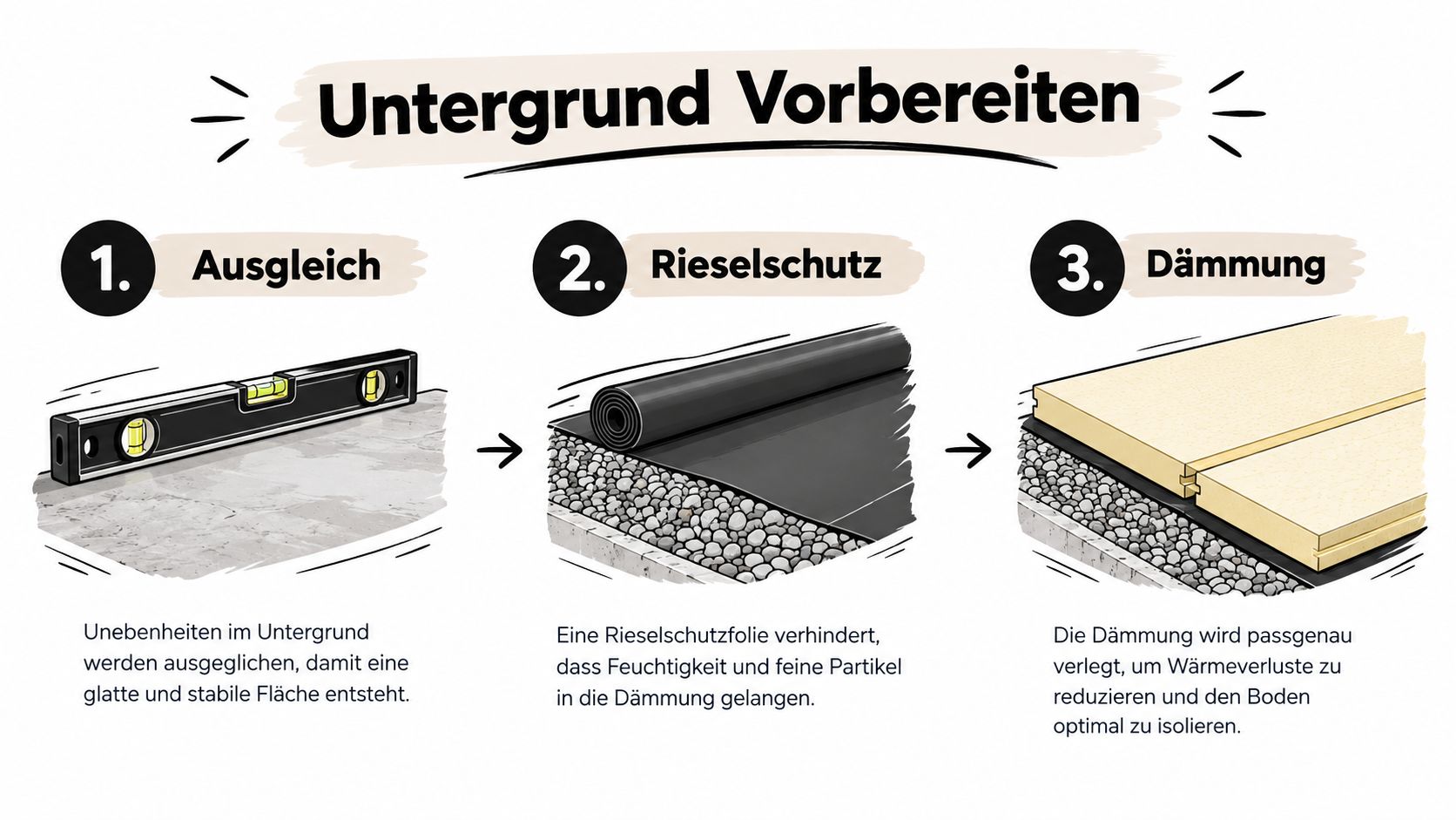Eine dreistufige Anleitung zur Vorbereitung des Untergrunds durch Ausgleich, Rieselschutzfolie und Dämmung für Bodenbeläge.