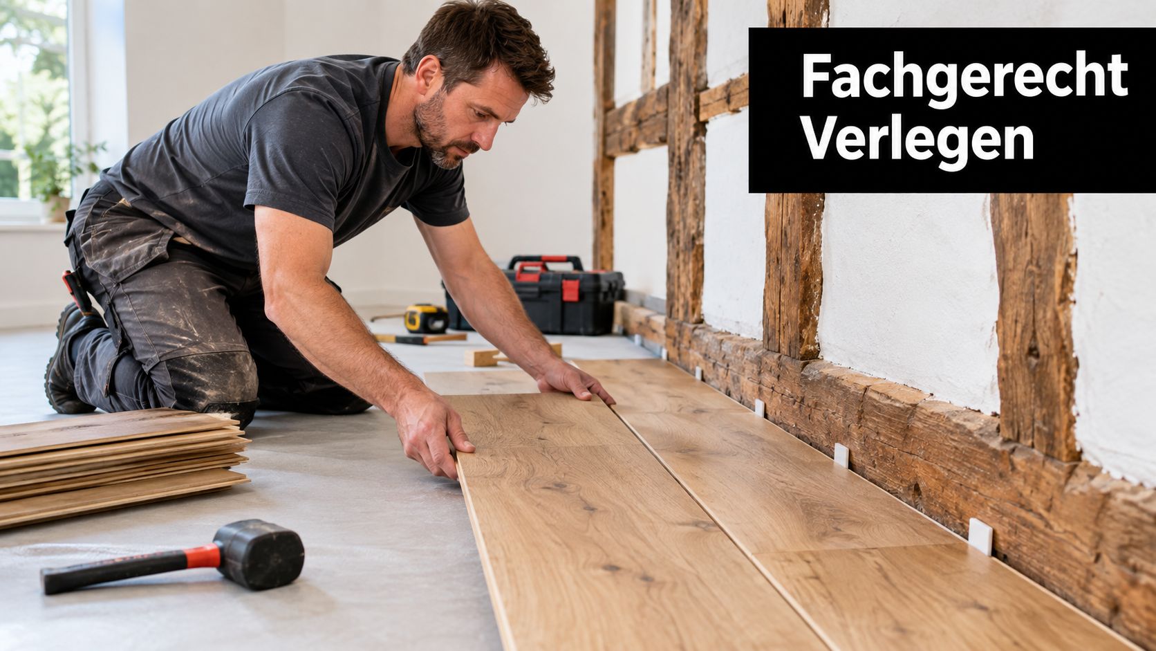 Ein Handwerker verlegt fachgerecht einen neuen Holzboden in einem traditionellen Fachwerkhaus mit sichtbaren Holzbalken an der Wand.