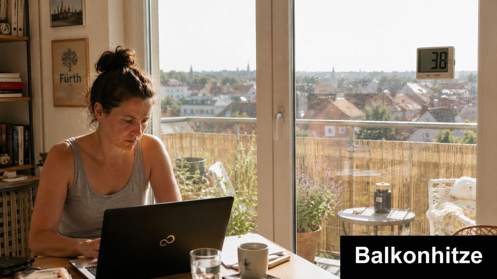 Eine Frau arbeitet an einem heißen Sommertag im Homeoffice bei starker Sonneneinstrahlung auf ihrem Balkon.