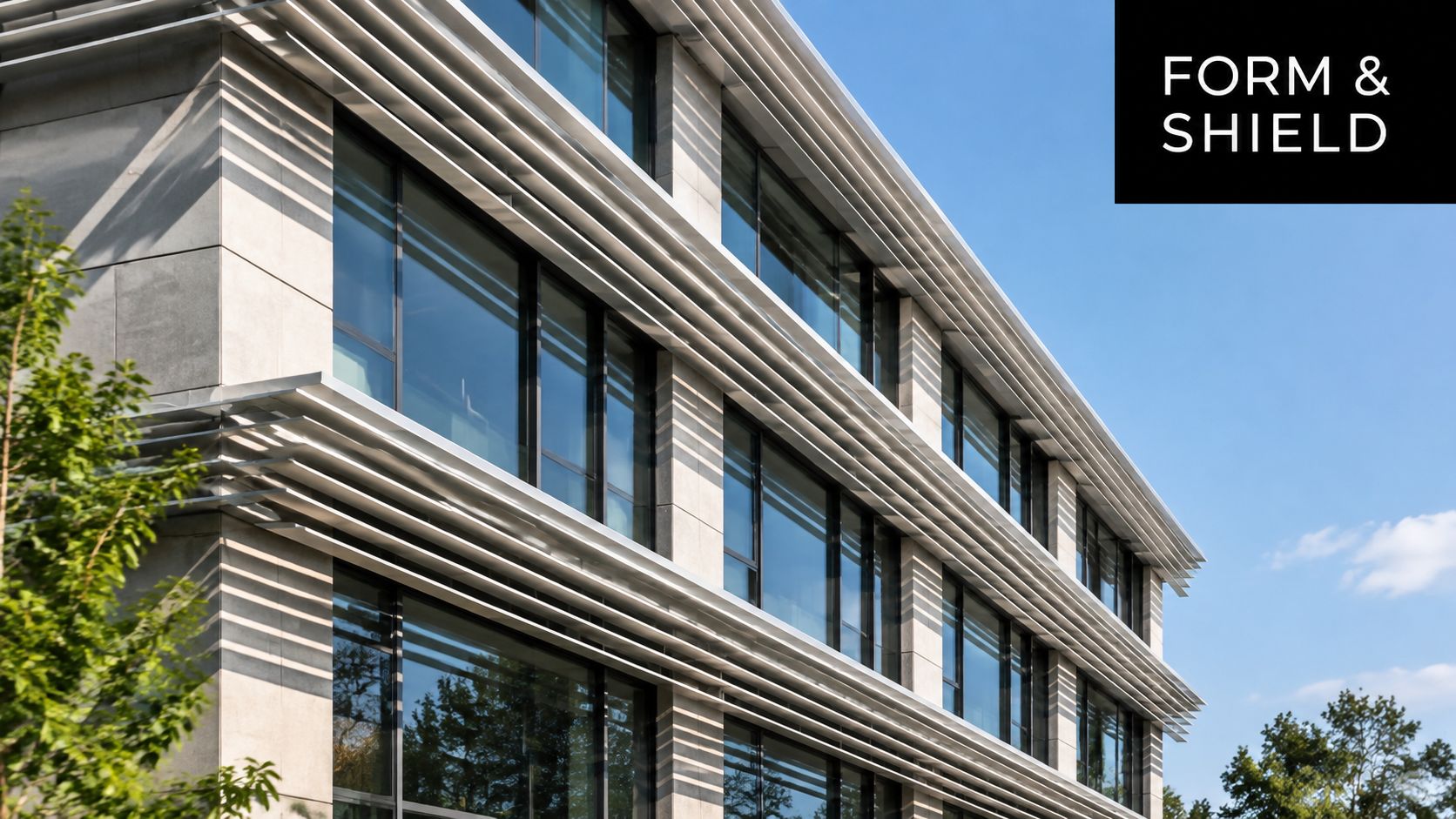 Ein modernes Bürogebäude mit architektonischen Fassadenelementen zur Verschattung unter einem klaren blauen Himmel.