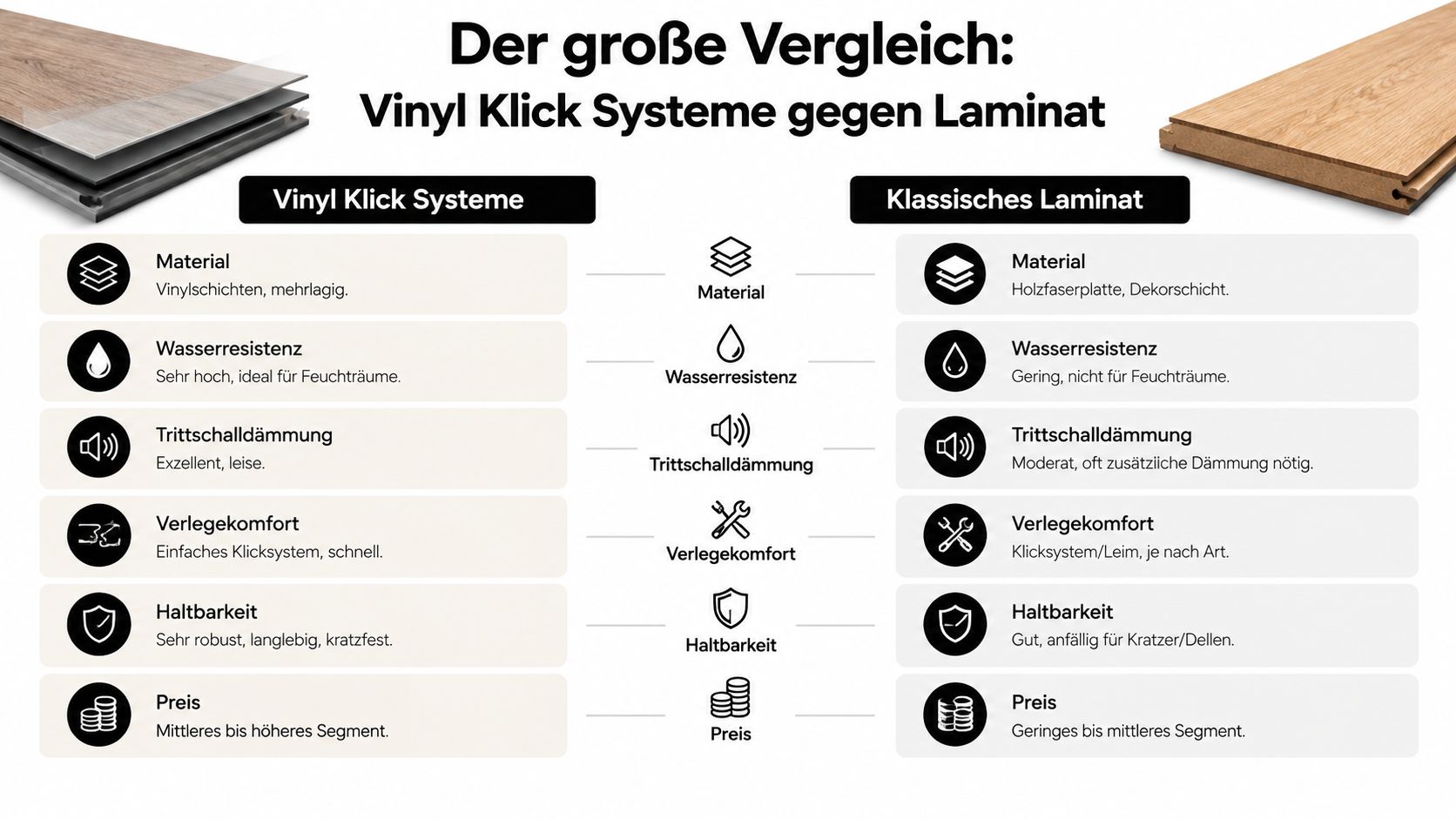 Vergleichstabelle zwischen Vinyl-Klick-Systemen und klassischem Laminat hinsichtlich Material, Wasserresistenz, Schalldämmung, Verlegung, Haltbarkeit und Preis.