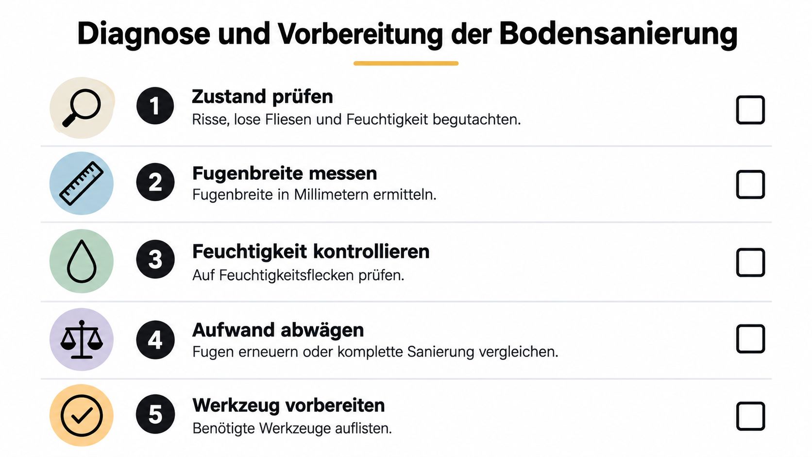 Eine Checkliste für die Diagnose und Vorbereitung einer Bodensanierung mit fünf Schritten zur Prüfung und Planung.