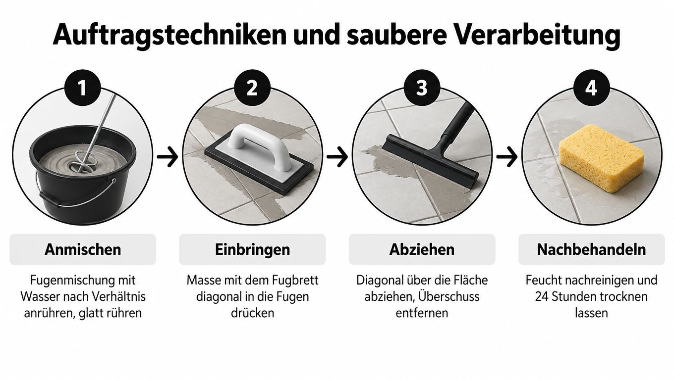 Eine Anleitung in vier Schritten zur korrekten Anwendung von Fugenmörtel auf Fliesenböden mit den passenden Werkzeugen.