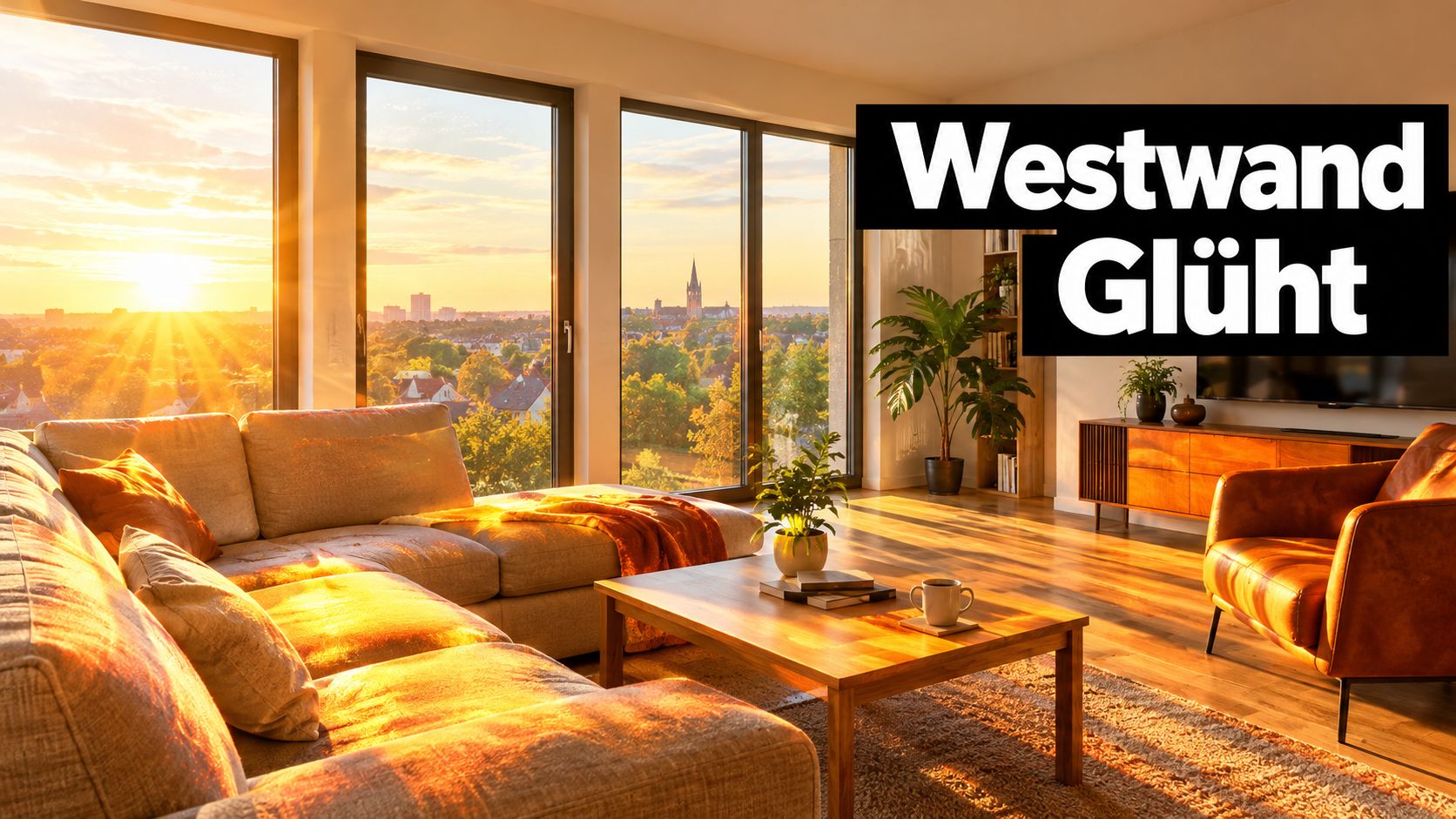 Ein helles, gemütliches Wohnzimmer bei Sonnenuntergang mit großen Fenstern und Blick auf eine Stadt bei goldenem Licht.