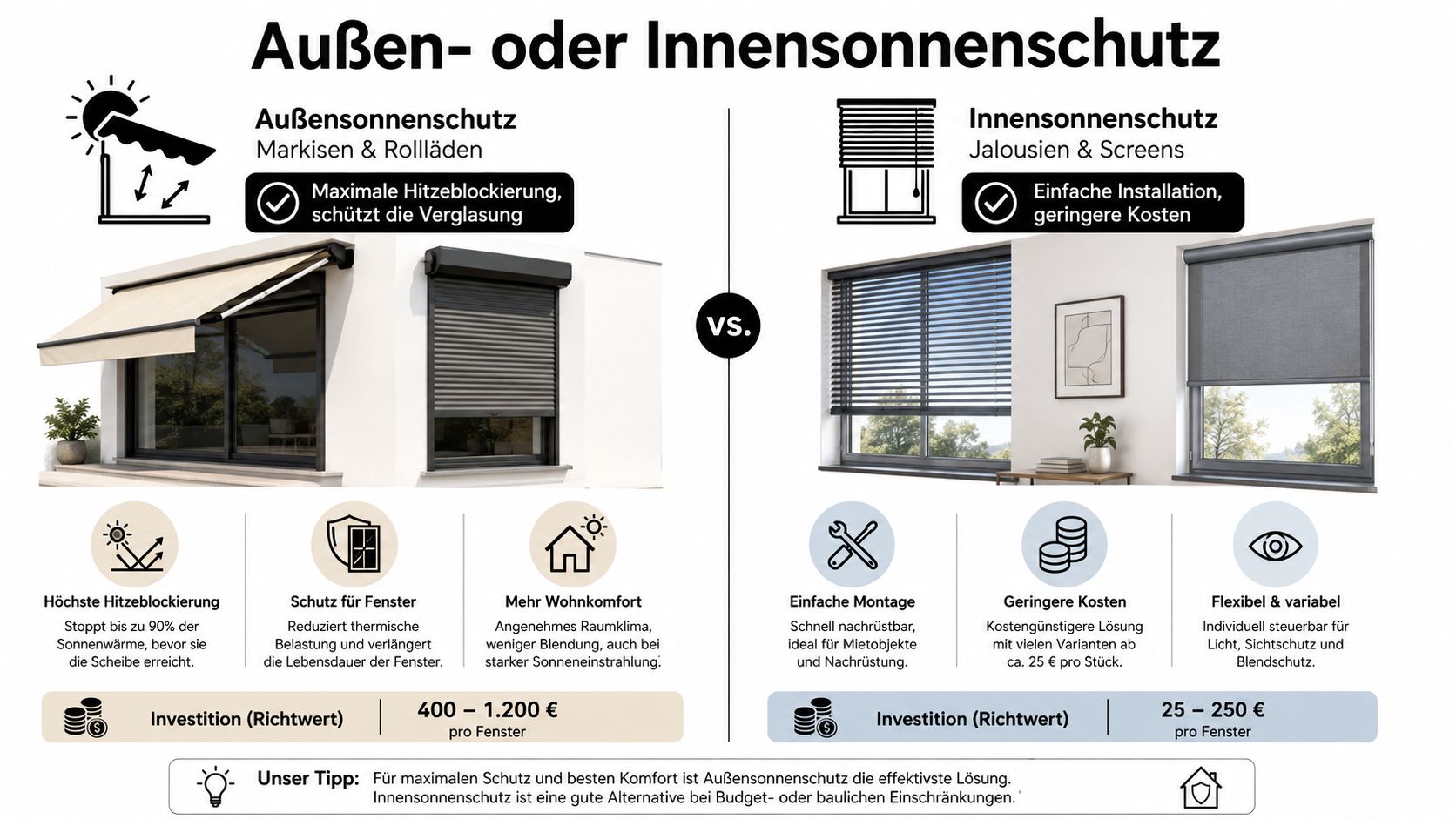 Vergleichsgrafik zwischen Außen- und Innensonnenschutz mit Vor- und Nachteilen, Kosten und praktischen Tipps für Fenster.