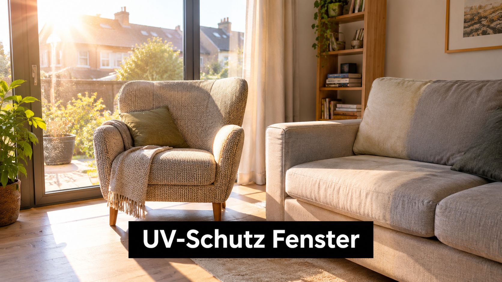 Ein gemütliches Wohnzimmer mit UV-Schutz-Fenstern, die das Innere vor direkter Sonneneinstrahlung und schädlichen UV-Strahlen schützen.